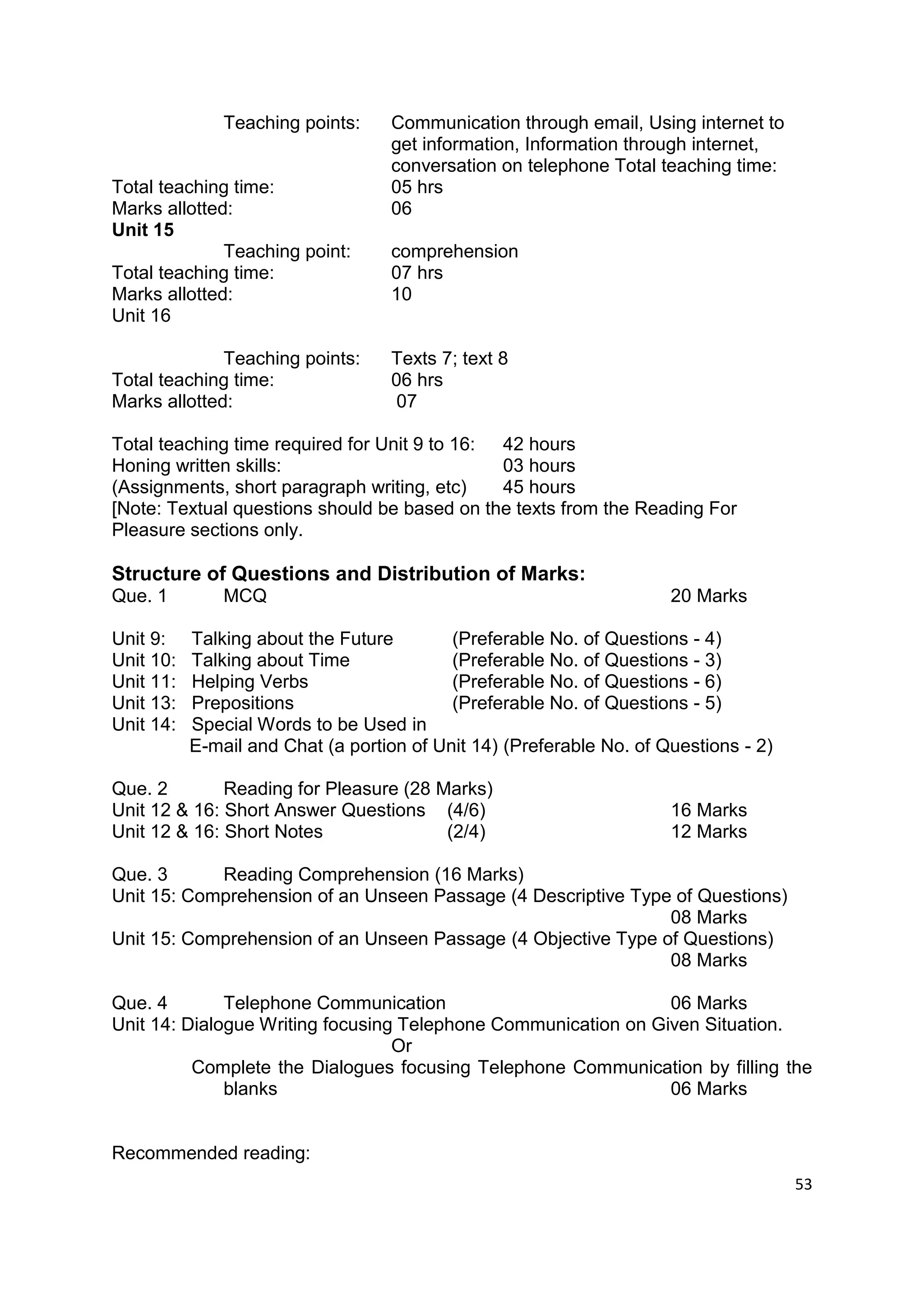 Teaching points:    Communication through email, Using internet to
                                   get information, Information through internet,
                                   conversation on telephone Total teaching time:
Total teaching time:               05 hrs
Marks allotted:                    06
Unit 15
              Teaching point:      comprehension
Total teaching time:               07 hrs
Marks allotted:                    10
Unit 16

              Teaching points:     Texts 7; text 8
Total teaching time:               06 hrs
Marks allotted:                     07

Total teaching time required for Unit 9 to 16: 42 hours
Honing written skills:                         03 hours
(Assignments, short paragraph writing, etc)    45 hours
[Note: Textual questions should be based on the texts from the Reading For
Pleasure sections only.

Structure of Questions and Distribution of Marks:
Que. 1         MCQ                                                    20 Marks

Unit 9:    Talking about the Future        (Preferable No. of Questions - 4)
Unit 10:   Talking about Time              (Preferable No. of Questions - 3)
Unit 11:   Helping Verbs                   (Preferable No. of Questions - 6)
Unit 13:   Prepositions                    (Preferable No. of Questions - 5)
Unit 14:   Special Words to be Used in
           E-mail and Chat (a portion of Unit 14) (Preferable No. of Questions - 2)

Que. 2        Reading for Pleasure (28 Marks)
Unit 12 & 16: Short Answer Questions (4/6)                            16 Marks
Unit 12 & 16: Short Notes               (2/4)                         12 Marks

Que. 3      Reading Comprehension (16 Marks)
Unit 15: Comprehension of an Unseen Passage (4 Descriptive Type of Questions)
                                                               08 Marks
Unit 15: Comprehension of an Unseen Passage (4 Objective Type of Questions)
                                                               08 Marks

Que. 4        Telephone Communication                           06 Marks
Unit 14: Dialogue Writing focusing Telephone Communication on Given Situation.
                                  Or
          Complete the Dialogues focusing Telephone Communication by filling the
              blanks                                            06 Marks


Recommended reading:
                                                                                      53
 