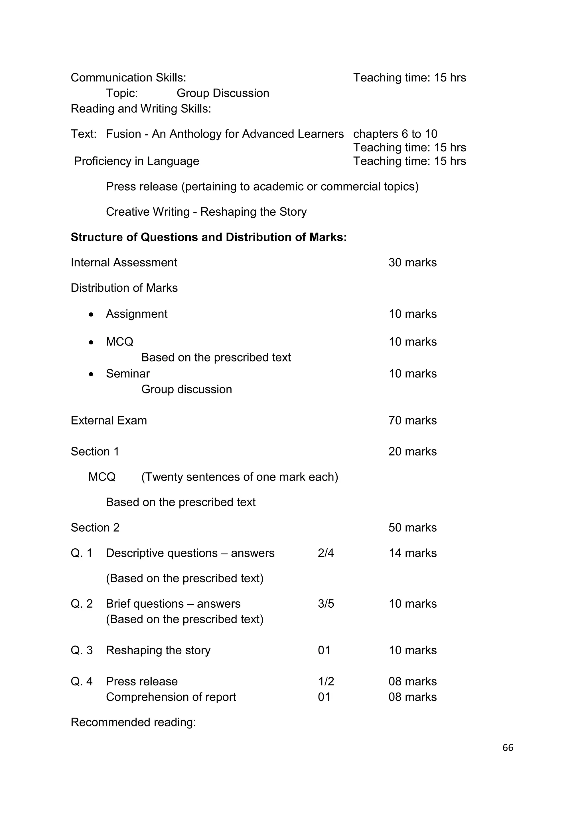 Communication Skills:                                 Teaching time: 15 hrs
      Topic:       Group Discussion
Reading and Writing Skills:

Text: Fusion - An Anthology for Advanced Learners chapters 6 to 10
                                                  Teaching time: 15 hrs
Proficiency in Language                           Teaching time: 15 hrs

       Press release (pertaining to academic or commercial topics)

       Creative Writing - Reshaping the Story

Structure of Questions and Distribution of Marks:

Internal Assessment                                         30 marks

Distribution of Marks

      Assignment                                           10 marks

      MCQ                                                  10 marks
            Based on the prescribed text
      Seminar                                              10 marks
            Group discussion

External Exam                                               70 marks

Section 1                                                   20 marks

   MCQ       (Twenty sentences of one mark each)

       Based on the prescribed text

Section 2                                                   50 marks

Q. 1   Descriptive questions – answers          2/4         14 marks

       (Based on the prescribed text)

Q. 2   Brief questions – answers                3/5         10 marks
       (Based on the prescribed text)

Q. 3   Reshaping the story                      01          10 marks

Q. 4   Press release                            1/2         08 marks
       Comprehension of report                  01          08 marks

Recommended reading:

                                                                              66
 