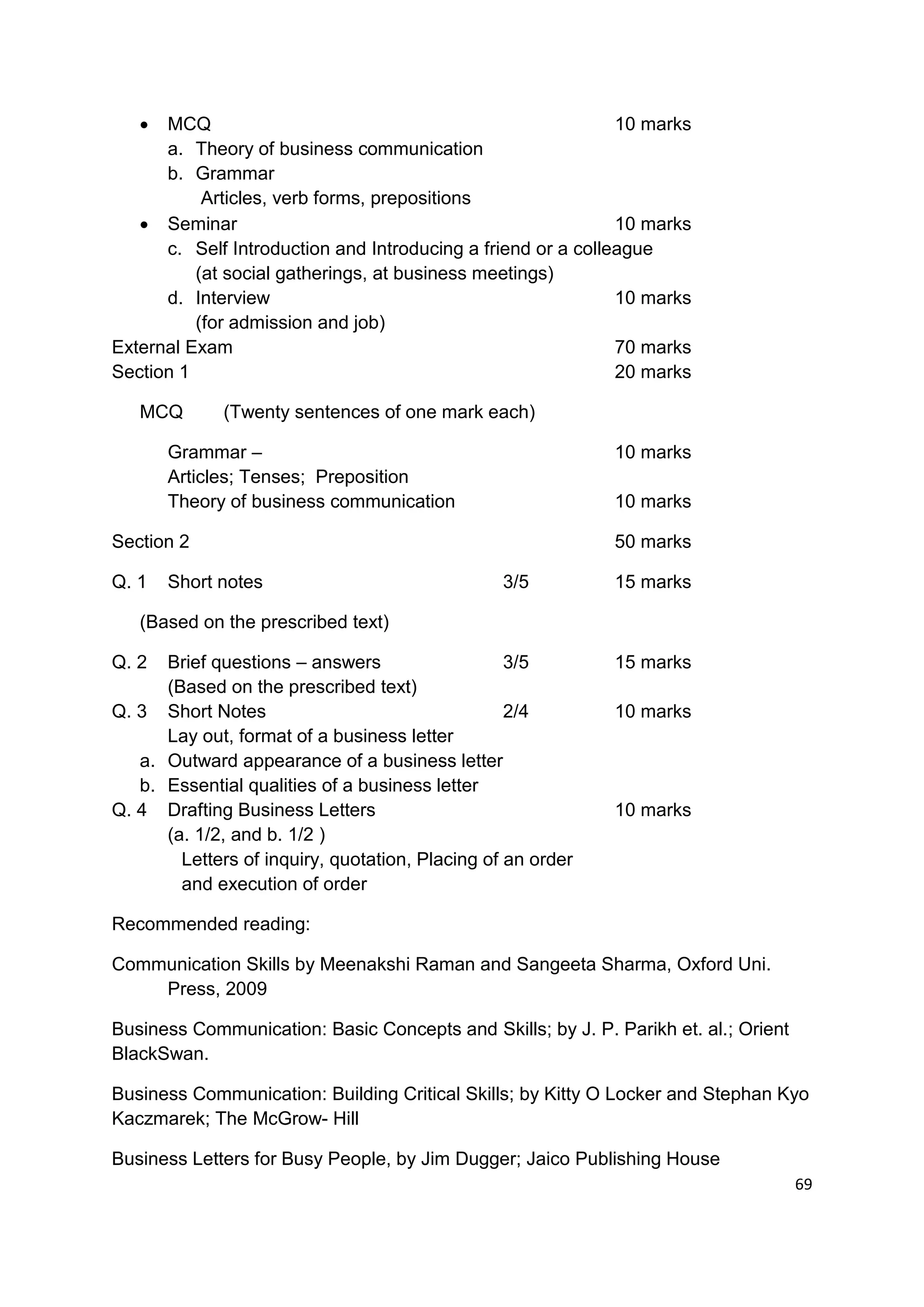   MCQ                                                     10 marks
      a. Theory of business communication
      b. Grammar
           Articles, verb forms, prepositions
    Seminar                                                  10 marks
      c. Self Introduction and Introducing a friend or a colleague
          (at social gatherings, at business meetings)
      d. Interview                                            10 marks
          (for admission and job)
External Exam                                                 70 marks
Section 1                                                     20 marks

   MCQ        (Twenty sentences of one mark each)

       Grammar –                                             10 marks
       Articles; Tenses; Preposition
       Theory of business communication                      10 marks

Section 2                                                    50 marks

Q. 1   Short notes                               3/5         15 marks

   (Based on the prescribed text)

Q. 2  Brief questions – answers                   3/5        15 marks
      (Based on the prescribed text)
Q. 3 Short Notes                                  2/4        10 marks
      Lay out, format of a business letter
   a. Outward appearance of a business letter
   b. Essential qualities of a business letter
Q. 4 Drafting Business Letters                               10 marks
      (a. 1/2, and b. 1/2 )
        Letters of inquiry, quotation, Placing of an order
        and execution of order

Recommended reading:

Communication Skills by Meenakshi Raman and Sangeeta Sharma, Oxford Uni.
    Press, 2009

Business Communication: Basic Concepts and Skills; by J. P. Parikh et. al.; Orient
BlackSwan.

Business Communication: Building Critical Skills; by Kitty O Locker and Stephan Kyo
Kaczmarek; The McGrow- Hill

Business Letters for Busy People, by Jim Dugger; Jaico Publishing House
                                                                                     69
 