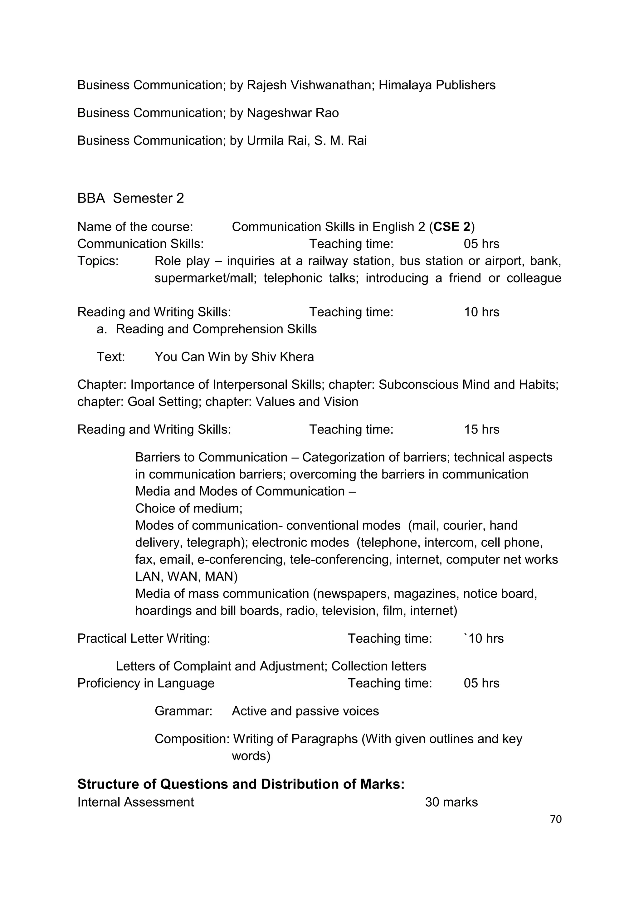 Business Communication; by Rajesh Vishwanathan; Himalaya Publishers

Business Communication; by Nageshwar Rao

Business Communication; by Urmila Rai, S. M. Rai



BBA Semester 2

Name of the course:       Communication Skills in English 2 (CSE 2)
Communication Skills:                   Teaching time:              05 hrs
Topics:      Role play – inquiries at a railway station, bus station or airport, bank,
             supermarket/mall; telephonic talks; introducing a friend or colleague

Reading and Writing Skills:         Teaching time:                   10 hrs
  a. Reading and Comprehension Skills

   Text:      You Can Win by Shiv Khera

Chapter: Importance of Interpersonal Skills; chapter: Subconscious Mind and Habits;
chapter: Goal Setting; chapter: Values and Vision

Reading and Writing Skills:                Teaching time:            15 hrs

           Barriers to Communication – Categorization of barriers; technical aspects
           in communication barriers; overcoming the barriers in communication
           Media and Modes of Communication –
           Choice of medium;
           Modes of communication- conventional modes (mail, courier, hand
           delivery, telegraph); electronic modes (telephone, intercom, cell phone,
           fax, email, e-conferencing, tele-conferencing, internet, computer net works
           LAN, WAN, MAN)
           Media of mass communication (newspapers, magazines, notice board,
           hoardings and bill boards, radio, television, film, internet)

Practical Letter Writing:                        Teaching time:      `10 hrs

       Letters of Complaint and Adjustment; Collection letters
Proficiency in Language                       Teaching time:         05 hrs

              Grammar:        Active and passive voices

              Composition: Writing of Paragraphs (With given outlines and key
                           words)

Structure of Questions and Distribution of Marks:
Internal Assessment                                           30 marks
                                                                                    70
 