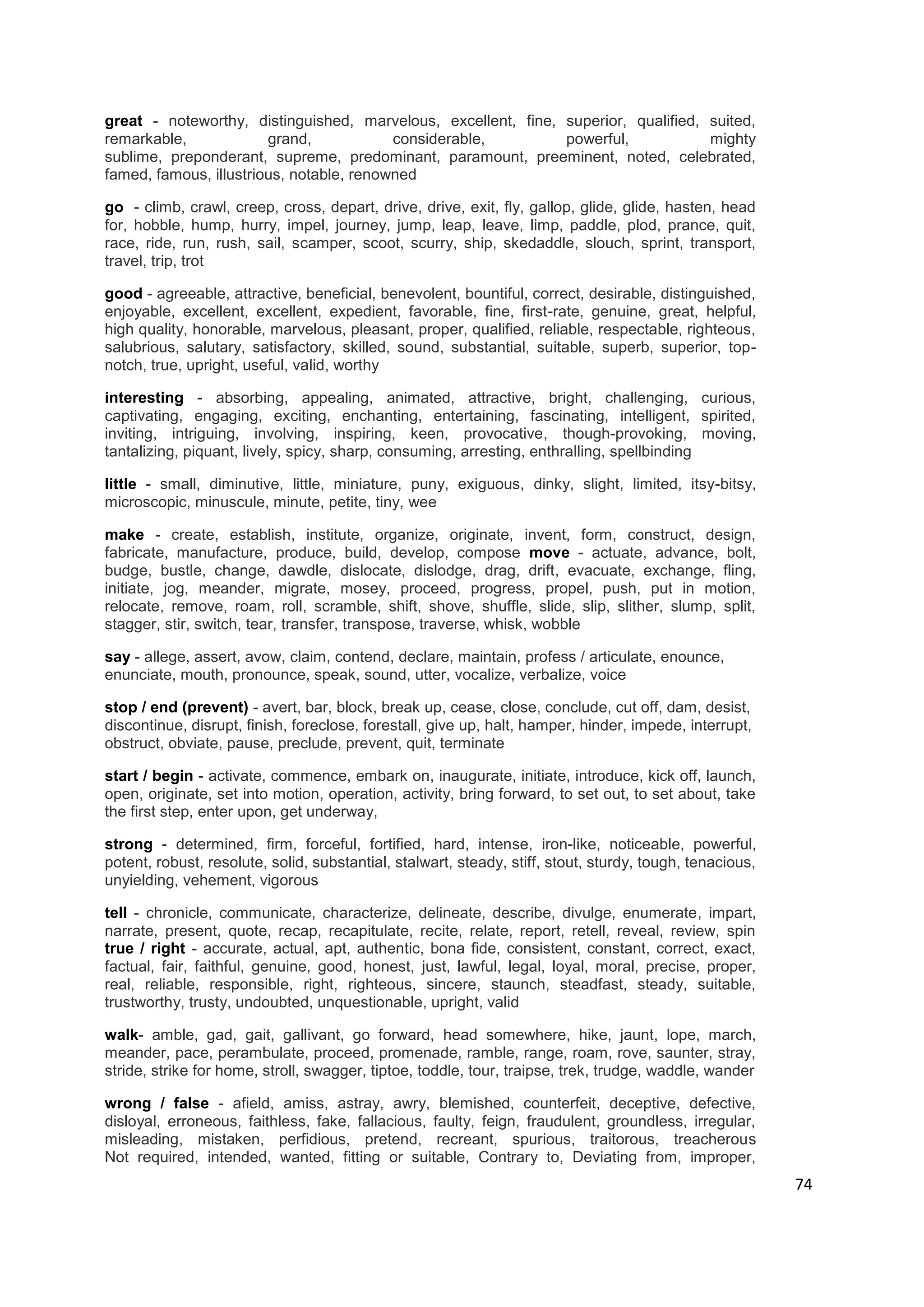 great - noteworthy, distinguished, marvelous, excellent, fine, superior, qualified, suited,
remarkable,             grand,            considerable,        powerful,            mighty
sublime, preponderant, supreme, predominant, paramount, preeminent, noted, celebrated,
famed, famous, illustrious, notable, renowned

go - climb, crawl, creep, cross, depart, drive, drive, exit, fly, gallop, glide, glide, hasten, head
for, hobble, hump, hurry, impel, journey, jump, leap, leave, limp, paddle, plod, prance, quit,
race, ride, run, rush, sail, scamper, scoot, scurry, ship, skedaddle, slouch, sprint, transport,
travel, trip, trot

good - agreeable, attractive, beneficial, benevolent, bountiful, correct, desirable, distinguished,
enjoyable, excellent, excellent, expedient, favorable, fine, first-rate, genuine, great, helpful,
high quality, honorable, marvelous, pleasant, proper, qualified, reliable, respectable, righteous,
salubrious, salutary, satisfactory, skilled, sound, substantial, suitable, superb, superior, top-
notch, true, upright, useful, valid, worthy

interesting - absorbing, appealing, animated, attractive, bright, challenging, curious,
captivating, engaging, exciting, enchanting, entertaining, fascinating, intelligent, spirited,
inviting, intriguing, involving, inspiring, keen, provocative, though-provoking, moving,
tantalizing, piquant, lively, spicy, sharp, consuming, arresting, enthralling, spellbinding

little - small, diminutive, little, miniature, puny, exiguous, dinky, slight, limited, itsy-bitsy,
microscopic, minuscule, minute, petite, tiny, wee

make - create, establish, institute, organize, originate, invent, form, construct, design,
fabricate, manufacture, produce, build, develop, compose move - actuate, advance, bolt,
budge, bustle, change, dawdle, dislocate, dislodge, drag, drift, evacuate, exchange, fling,
initiate, jog, meander, migrate, mosey, proceed, progress, propel, push, put in motion,
relocate, remove, roam, roll, scramble, shift, shove, shuffle, slide, slip, slither, slump, split,
stagger, stir, switch, tear, transfer, transpose, traverse, whisk, wobble

say - allege, assert, avow, claim, contend, declare, maintain, profess / articulate, enounce,
enunciate, mouth, pronounce, speak, sound, utter, vocalize, verbalize, voice

stop / end (prevent) - avert, bar, block, break up, cease, close, conclude, cut off, dam, desist,
discontinue, disrupt, finish, foreclose, forestall, give up, halt, hamper, hinder, impede, interrupt,
obstruct, obviate, pause, preclude, prevent, quit, terminate

start / begin - activate, commence, embark on, inaugurate, initiate, introduce, kick off, launch,
open, originate, set into motion, operation, activity, bring forward, to set out, to set about, take
the first step, enter upon, get underway,

strong - determined, firm, forceful, fortified, hard, intense, iron-like, noticeable, powerful,
potent, robust, resolute, solid, substantial, stalwart, steady, stiff, stout, sturdy, tough, tenacious,
unyielding, vehement, vigorous

tell - chronicle, communicate, characterize, delineate, describe, divulge, enumerate, impart,
narrate, present, quote, recap, recapitulate, recite, relate, report, retell, reveal, review, spin
true / right - accurate, actual, apt, authentic, bona fide, consistent, constant, correct, exact,
factual, fair, faithful, genuine, good, honest, just, lawful, legal, loyal, moral, precise, proper,
real, reliable, responsible, right, righteous, sincere, staunch, steadfast, steady, suitable,
trustworthy, trusty, undoubted, unquestionable, upright, valid

walk- amble, gad, gait, gallivant, go forward, head somewhere, hike, jaunt, lope, march,
meander, pace, perambulate, proceed, promenade, ramble, range, roam, rove, saunter, stray,
stride, strike for home, stroll, swagger, tiptoe, toddle, tour, traipse, trek, trudge, waddle, wander

wrong / false - afield, amiss, astray, awry, blemished, counterfeit, deceptive, defective,
disloyal, erroneous, faithless, fake, fallacious, faulty, feign, fraudulent, groundless, irregular,
misleading, mistaken, perfidious, pretend, recreant, spurious, traitorous, treacherous
Not required, intended, wanted, fitting or suitable, Contrary to, Deviating from, improper,
                                                                                                          74
 