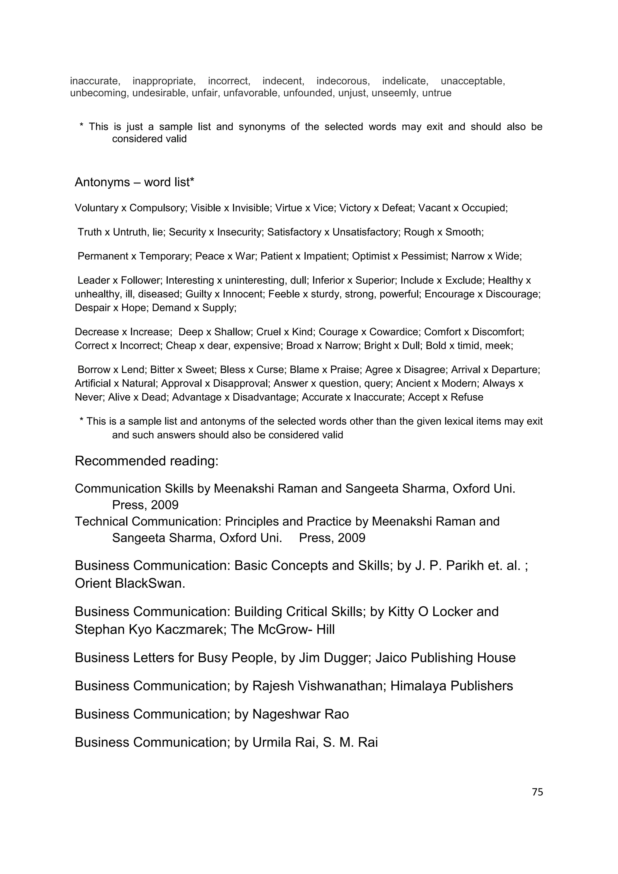 inaccurate, inappropriate, incorrect, indecent, indecorous, indelicate, unacceptable,
unbecoming, undesirable, unfair, unfavorable, unfounded, unjust, unseemly, untrue


 * This is just a sample list and synonyms of the selected words may exit and should also be
        considered valid



Antonyms – word list*

Voluntary x Compulsory; Visible x Invisible; Virtue x Vice; Victory x Defeat; Vacant x Occupied;

 Truth x Untruth, lie; Security x Insecurity; Satisfactory x Unsatisfactory; Rough x Smooth;

 Permanent x Temporary; Peace x War; Patient x Impatient; Optimist x Pessimist; Narrow x Wide;

Leader x Follower; Interesting x uninteresting, dull; Inferior x Superior; Include x Exclude; Healthy x
unhealthy, ill, diseased; Guilty x Innocent; Feeble x sturdy, strong, powerful; Encourage x Discourage;
Despair x Hope; Demand x Supply;

Decrease x Increase; Deep x Shallow; Cruel x Kind; Courage x Cowardice; Comfort x Discomfort;
Correct x Incorrect; Cheap x dear, expensive; Broad x Narrow; Bright x Dull; Bold x timid, meek;

Borrow x Lend; Bitter x Sweet; Bless x Curse; Blame x Praise; Agree x Disagree; Arrival x Departure;
Artificial x Natural; Approval x Disapproval; Answer x question, query; Ancient x Modern; Always x
Never; Alive x Dead; Advantage x Disadvantage; Accurate x Inaccurate; Accept x Refuse

 * This is a sample list and antonyms of the selected words other than the given lexical items may exit
         and such answers should also be considered valid

Recommended reading:

Communication Skills by Meenakshi Raman and Sangeeta Sharma, Oxford Uni.
      Press, 2009
Technical Communication: Principles and Practice by Meenakshi Raman and
      Sangeeta Sharma, Oxford Uni. Press, 2009

Business Communication: Basic Concepts and Skills; by J. P. Parikh et. al. ;
Orient BlackSwan.

Business Communication: Building Critical Skills; by Kitty O Locker and
Stephan Kyo Kaczmarek; The McGrow- Hill

Business Letters for Busy People, by Jim Dugger; Jaico Publishing House

Business Communication; by Rajesh Vishwanathan; Himalaya Publishers

Business Communication; by Nageshwar Rao

Business Communication; by Urmila Rai, S. M. Rai


                                                                                                    75
 