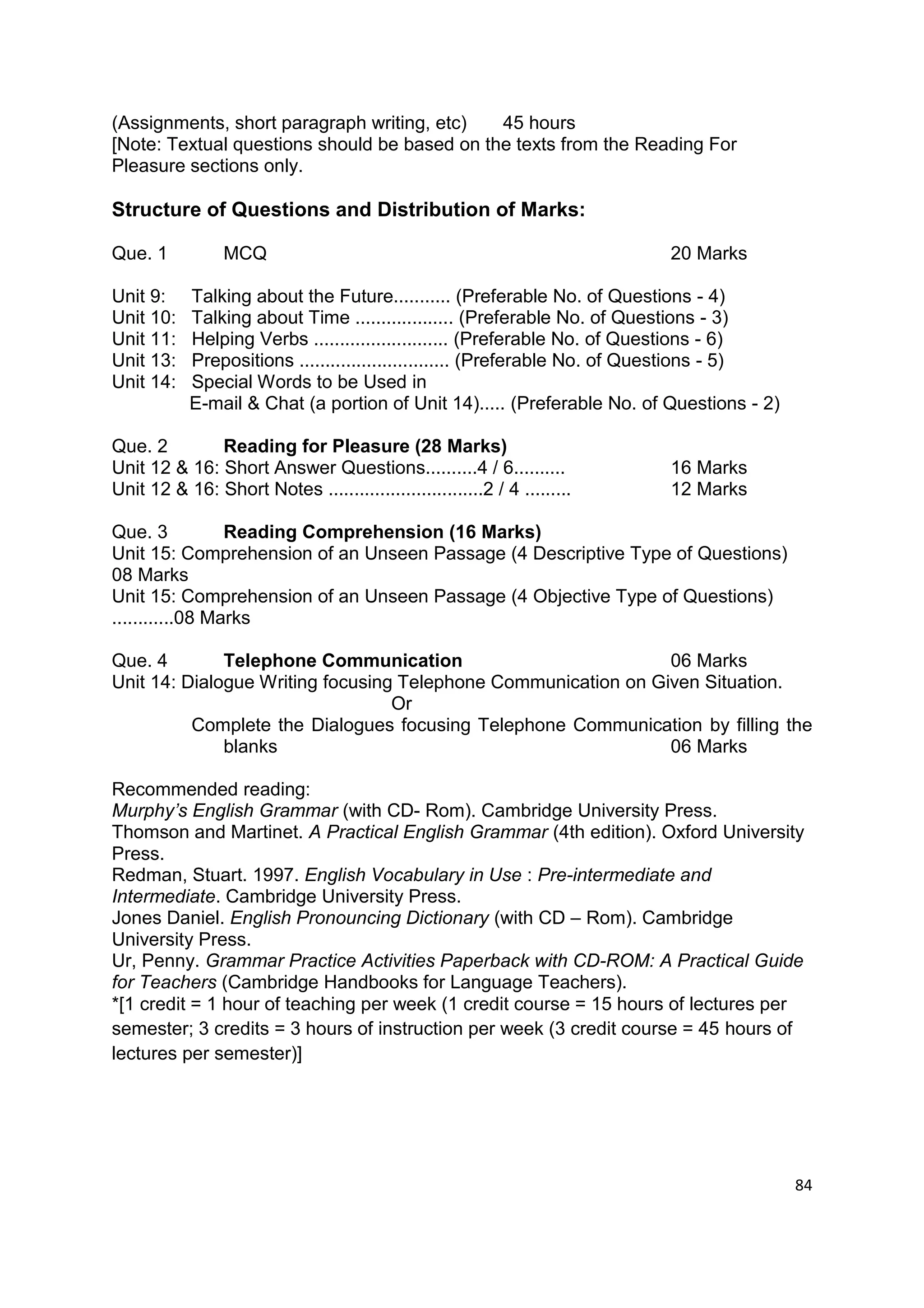(Assignments, short paragraph writing, etc)   45 hours
[Note: Textual questions should be based on the texts from the Reading For
Pleasure sections only.

Structure of Questions and Distribution of Marks:

Que. 1           MCQ                                                      20 Marks

Unit 9:     Talking about the Future........... (Preferable No. of Questions - 4)
Unit 10:    Talking about Time ................... (Preferable No. of Questions - 3)
Unit 11:    Helping Verbs .......................... (Preferable No. of Questions - 6)
Unit 13:    Prepositions ............................. (Preferable No. of Questions - 5)
Unit 14:    Special Words to be Used in
            E-mail & Chat (a portion of Unit 14)..... (Preferable No. of Questions - 2)

Que. 2        Reading for Pleasure (28 Marks)
Unit 12 & 16: Short Answer Questions..........4 / 6..........             16 Marks
Unit 12 & 16: Short Notes ..............................2 / 4 .........   12 Marks

Que. 3           Reading Comprehension (16 Marks)
Unit 15: Comprehension of an Unseen Passage (4 Descriptive Type of Questions)
08 Marks
Unit 15: Comprehension of an Unseen Passage (4 Objective Type of Questions)
............08 Marks

Que. 4        Telephone Communication                           06 Marks
Unit 14: Dialogue Writing focusing Telephone Communication on Given Situation.
                                  Or
          Complete the Dialogues focusing Telephone Communication by filling the
              blanks                                            06 Marks

Recommended reading:
Murphy’s English Grammar (with CD- Rom). Cambridge University Press.
Thomson and Martinet. A Practical English Grammar (4th edition). Oxford University
Press.
Redman, Stuart. 1997. English Vocabulary in Use : Pre-intermediate and
Intermediate. Cambridge University Press.
Jones Daniel. English Pronouncing Dictionary (with CD – Rom). Cambridge
University Press.
Ur, Penny. Grammar Practice Activities Paperback with CD-ROM: A Practical Guide
for Teachers (Cambridge Handbooks for Language Teachers).
*[1 credit = 1 hour of teaching per week (1 credit course = 15 hours of lectures per
semester; 3 credits = 3 hours of instruction per week (3 credit course = 45 hours of
lectures per semester)]




                                                                                           84
 
