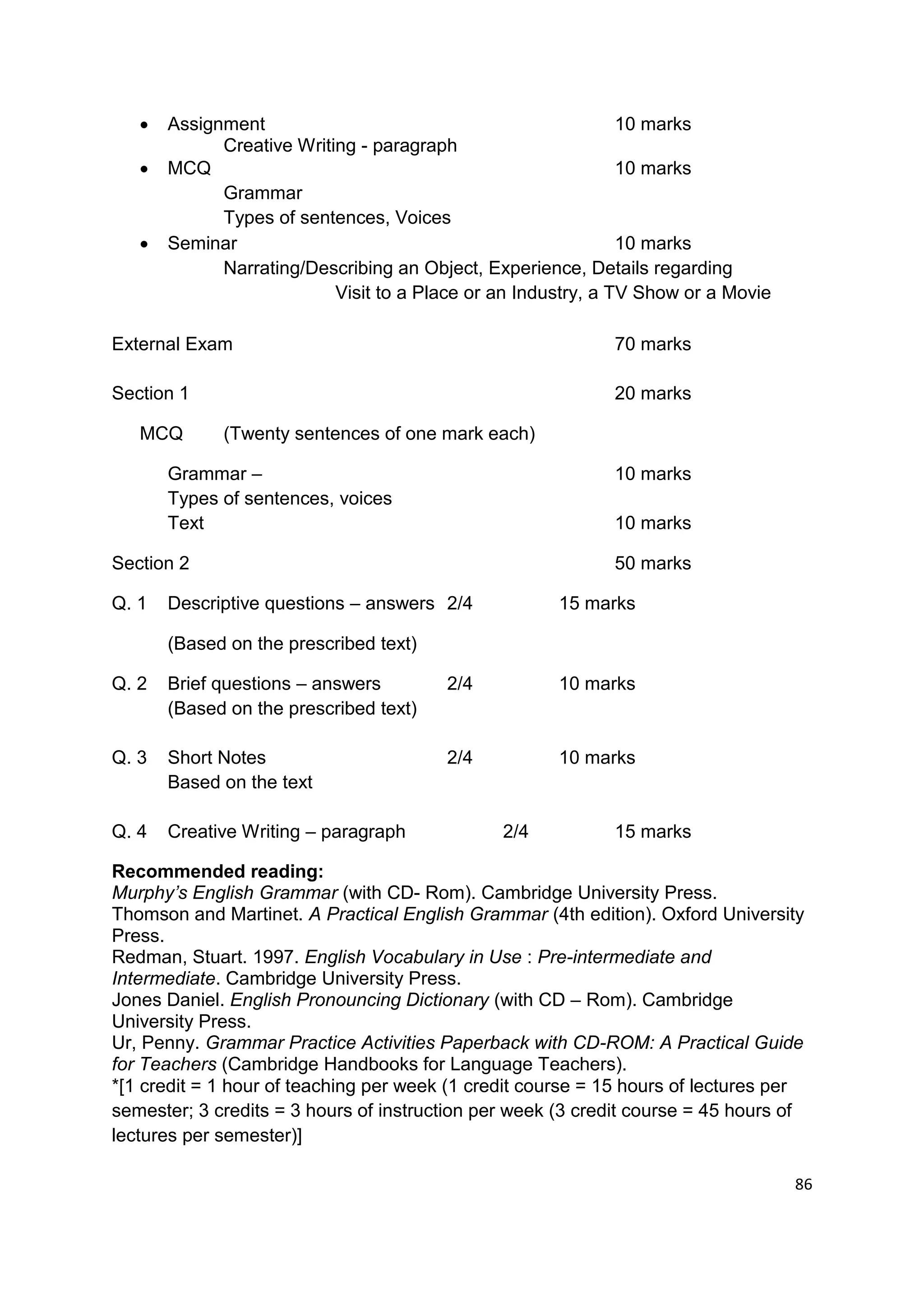    Assignment                                              10 marks
             Creative Writing - paragraph
      MCQ                                                     10 marks
             Grammar
             Types of sentences, Voices
      Seminar                                                 10 marks
             Narrating/Describing an Object, Experience, Details regarding
                           Visit to a Place or an Industry, a TV Show or a Movie

External Exam                                                70 marks

Section 1                                                    20 marks

   MCQ       (Twenty sentences of one mark each)

       Grammar –                                             10 marks
       Types of sentences, voices
       Text                                                  10 marks

Section 2                                                    50 marks

Q. 1   Descriptive questions – answers 2/4            15 marks

       (Based on the prescribed text)

Q. 2   Brief questions – answers        2/4           10 marks
       (Based on the prescribed text)

Q. 3   Short Notes                      2/4           10 marks
       Based on the text

Q. 4   Creative Writing – paragraph            2/4           15 marks

Recommended reading:
Murphy’s English Grammar (with CD- Rom). Cambridge University Press.
Thomson and Martinet. A Practical English Grammar (4th edition). Oxford University
Press.
Redman, Stuart. 1997. English Vocabulary in Use : Pre-intermediate and
Intermediate. Cambridge University Press.
Jones Daniel. English Pronouncing Dictionary (with CD – Rom). Cambridge
University Press.
Ur, Penny. Grammar Practice Activities Paperback with CD-ROM: A Practical Guide
for Teachers (Cambridge Handbooks for Language Teachers).
*[1 credit = 1 hour of teaching per week (1 credit course = 15 hours of lectures per
semester; 3 credits = 3 hours of instruction per week (3 credit course = 45 hours of
lectures per semester)]

                                                                                   86
 