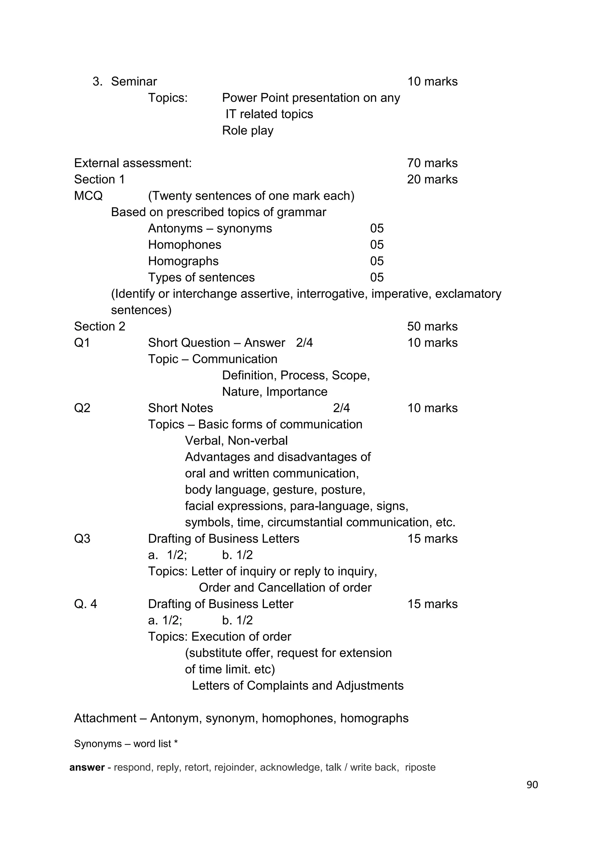 3. Seminar                                                             10 marks
             Topics:              Power Point presentation on any
                                  IT related topics
                                  Role play

 External assessment:                                           70 marks
 Section 1                                                      20 marks
 MCQ           (Twenty sentences of one mark each)
       Based on prescribed topics of grammar
               Antonyms – synonyms                         05
               Homophones                                  05
               Homographs                                  05
               Types of sentences                          05
       (Identify or interchange assertive, interrogative, imperative, exclamatory
       sentences)
 Section 2                                                      50 marks
 Q1            Short Question – Answer 2/4                      10 marks
               Topic – Communication
                               Definition, Process, Scope,
                               Nature, Importance
 Q2            Short Notes                          2/4         10 marks
               Topics – Basic forms of communication
                       Verbal, Non-verbal
                       Advantages and disadvantages of
                       oral and written communication,
                       body language, gesture, posture,
                       facial expressions, para-language, signs,
                       symbols, time, circumstantial communication, etc.
 Q3            Drafting of Business Letters                     15 marks
               a. 1/2;         b. 1/2
               Topics: Letter of inquiry or reply to inquiry,
                          Order and Cancellation of order
 Q. 4          Drafting of Business Letter                      15 marks
               a. 1/2;         b. 1/2
               Topics: Execution of order
                       (substitute offer, request for extension
                       of time limit. etc)
                         Letters of Complaints and Adjustments

 Attachment – Antonym, synonym, homophones, homographs

 Synonyms – word list *

answer - respond, reply, retort, rejoinder, acknowledge, talk / write back, riposte
                                                                                       90
 