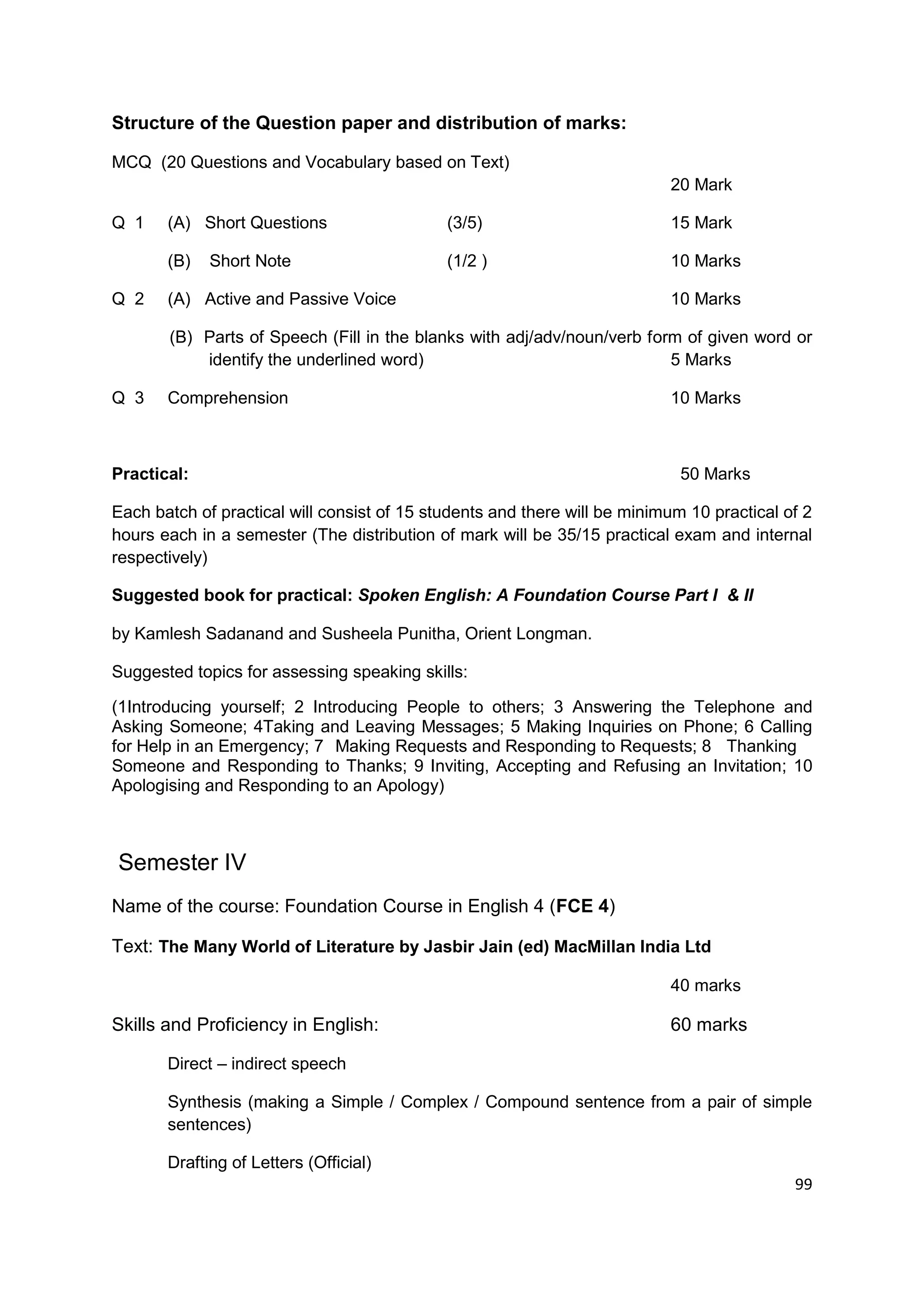 Structure of the Question paper and distribution of marks:

MCQ (20 Questions and Vocabulary based on Text)
                                                                           20 Mark

Q 1    (A) Short Questions                   (3/5)                         15 Mark

       (B)   Short Note                      (1/2 )                        10 Marks

Q 2    (A) Active and Passive Voice                                        10 Marks

       (B) Parts of Speech (Fill in the blanks with adj/adv/noun/verb form of given word or
           identify the underlined word)                                 5 Marks

Q 3    Comprehension                                                       10 Marks



Practical:                                                                   50 Marks

Each batch of practical will consist of 15 students and there will be minimum 10 practical of 2
hours each in a semester (The distribution of mark will be 35/15 practical exam and internal
respectively)

Suggested book for practical: Spoken English: A Foundation Course Part I & II

by Kamlesh Sadanand and Susheela Punitha, Orient Longman.

Suggested topics for assessing speaking skills:

(1Introducing yourself; 2 Introducing People to others; 3 Answering the Telephone and
Asking Someone; 4Taking and Leaving Messages; 5 Making Inquiries on Phone; 6 Calling
for Help in an Emergency; 7 Making Requests and Responding to Requests; 8 Thanking
Someone and Responding to Thanks; 9 Inviting, Accepting and Refusing an Invitation; 10
Apologising and Responding to an Apology)



Semester IV
Name of the course: Foundation Course in English 4 (FCE 4)

Text: The Many World of Literature by Jasbir Jain (ed) MacMillan India Ltd

                                                                           40 marks

Skills and Proficiency in English:                                         60 marks

       Direct – indirect speech

       Synthesis (making a Simple / Complex / Compound sentence from a pair of simple
       sentences)

       Drafting of Letters (Official)
                                                                                            99
 