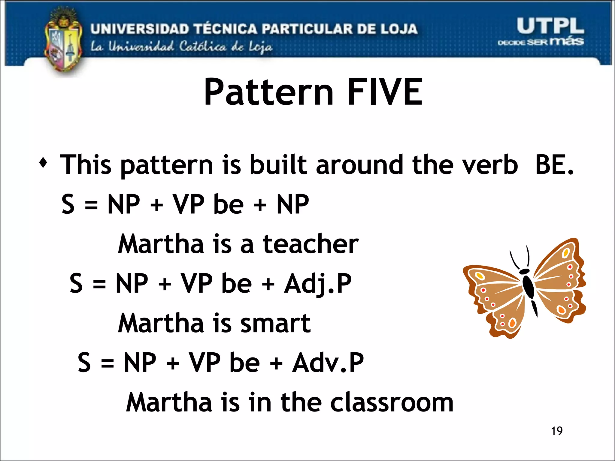 Pattern FIVE This pattern is built around the verb  BE. S = NP + VP be + NP Martha is a teacher S = NP + VP be + Adj.P Martha is smart S = NP + VP be + Adv.P Martha is in the classroom 