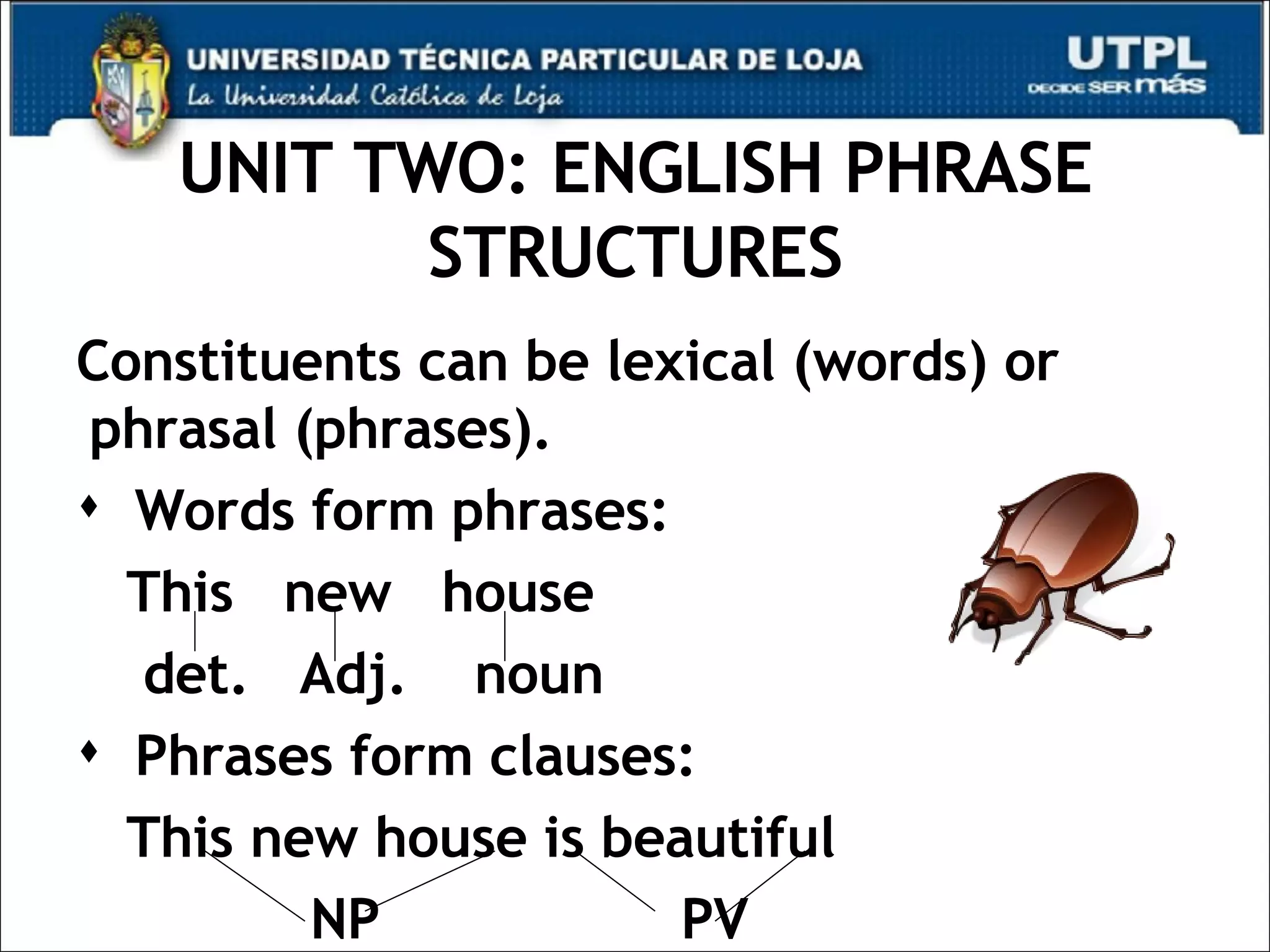 UNIT TWO: ENGLISH PHRASE STRUCTURES Constituents can be lexical (words) or phrasal (phrases).  Words form phrases: This  new  house det.  Adj.  noun Phrases form clauses: This new house is beautiful NP  PV 