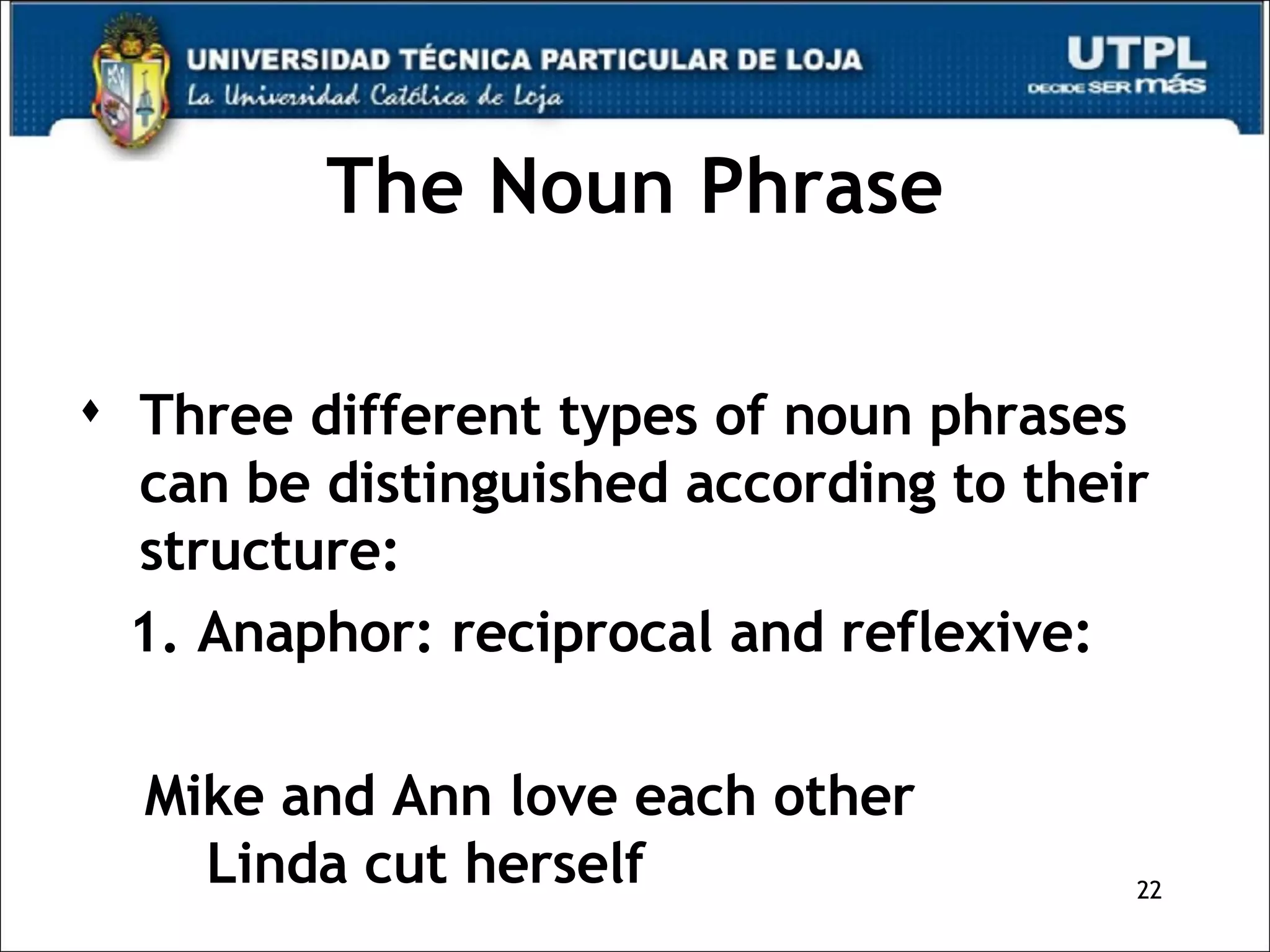 The Noun Phrase Three different types of noun phrases can be distinguished according to their structure: 1. Anaphor: reciprocal and reflexive: Mike and Ann love each other  Linda cut herself 