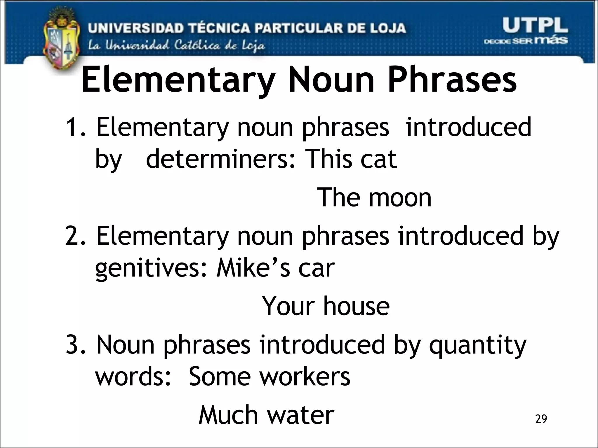 Elementary Noun Phrases 1. Elementary noun phrases  introduced by  determiners: This cat The moon 2. Elementary noun phrases introduced by genitives: Mike’s car Your house 3. Noun phrases introduced by quantity words:  Some workers Much water 