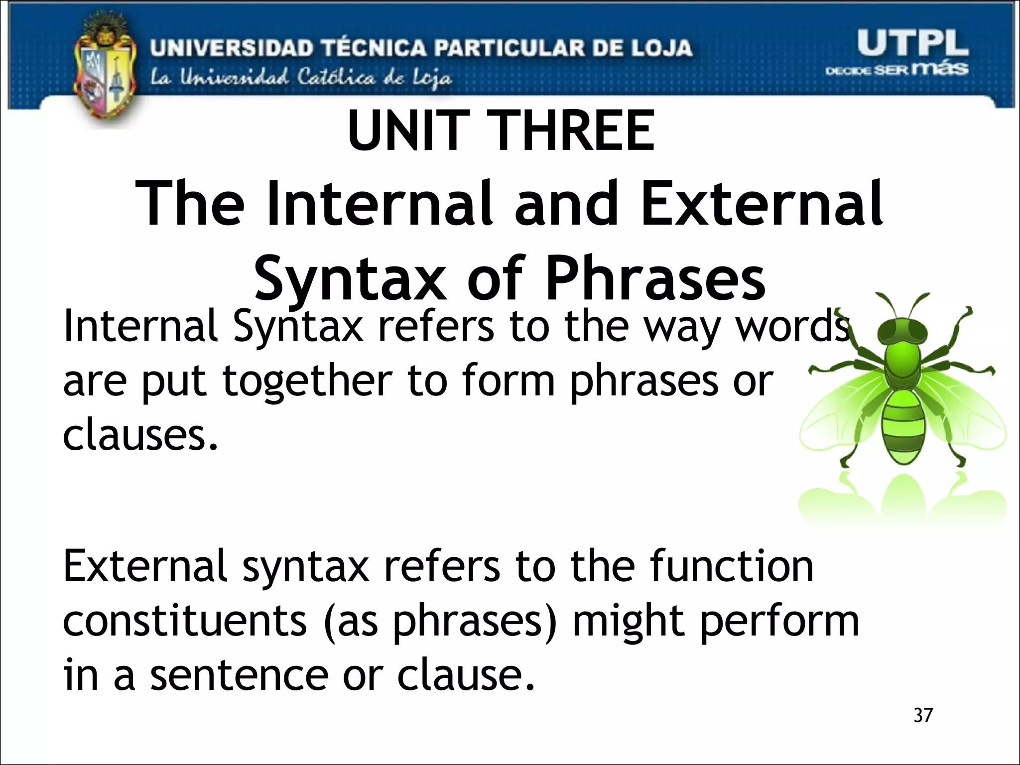 UNIT THREE   The Internal and External Syntax of Phrases Internal Syntax refers to the way words are put together to form phrases or clauses. External syntax refers to the function constituents (as phrases) might perform in a sentence or clause. 
