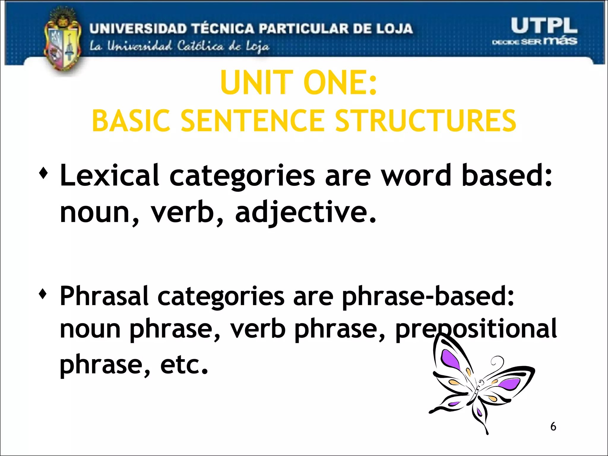 UNIT ONE:   BASIC SENTENCE STRUCTURES Lexical categories are word based: noun, verb, adjective. Phrasal categories are phrase-based: noun phrase, verb phrase, prepositional phrase, etc . 