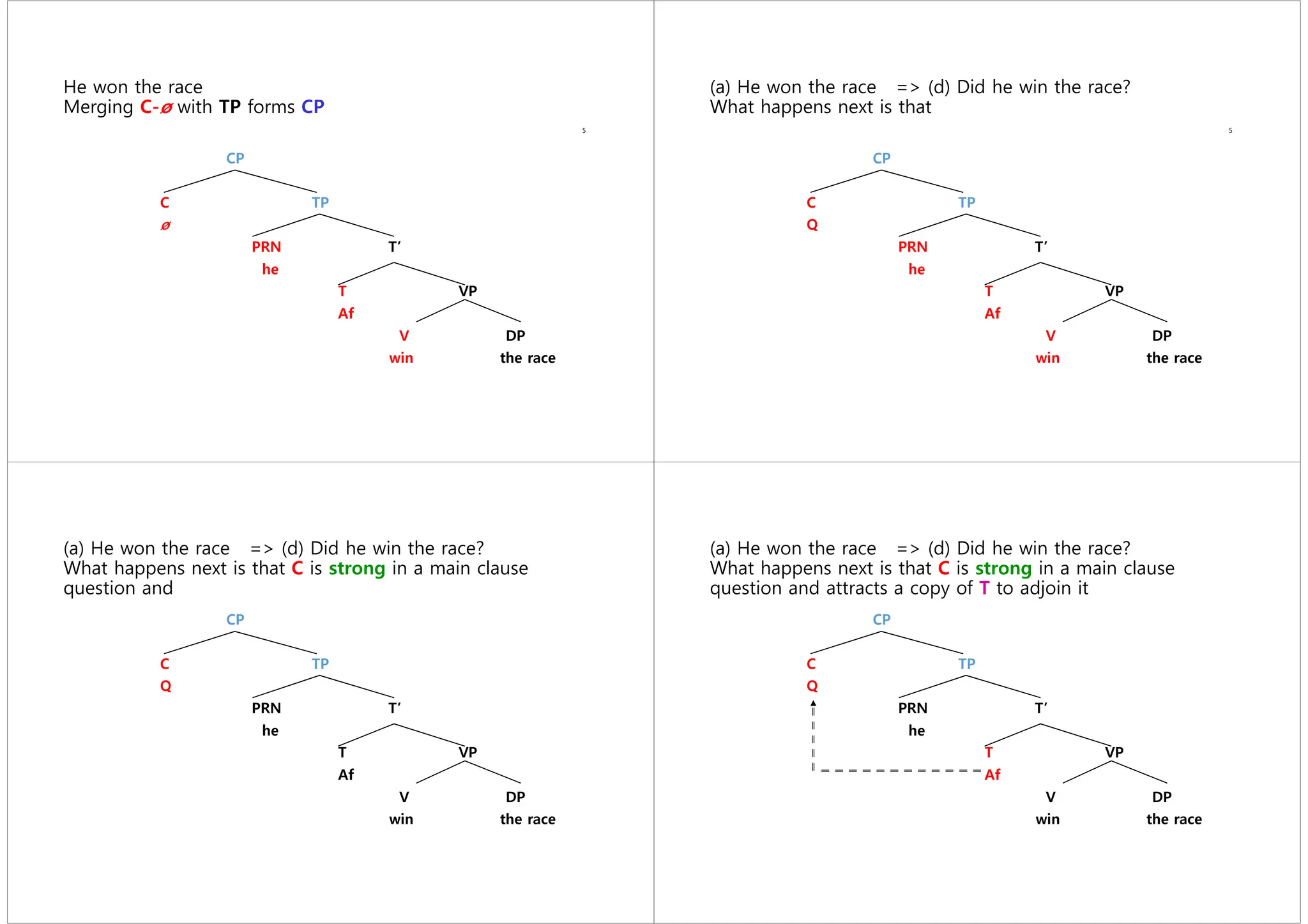 He won the race
Merging C-ø with TP forms CP
5
CP
C TP
ø
PRN T’
he
T VP
Af
V DP
win the race
(a) He won the race => (d) Did he win the race?
What happens next is that
5
CP
C TP
Q
PRN T’
he
T VP
Af
V DP
win the race
(a) He won the race => (d) Did he win the race?
What happens next is that C is strong in a main clause
question and
CP
C TP
Q
PRN T’
he
T VP
Af
V DP
win the race
(a) He won the race => (d) Did he win the race?
What happens next is that C is strong in a main clause
question and attracts a copy of T to adjoin it
CP
C TP
Q
PRN T’
he
T VP
Af
V DP
win the race
 