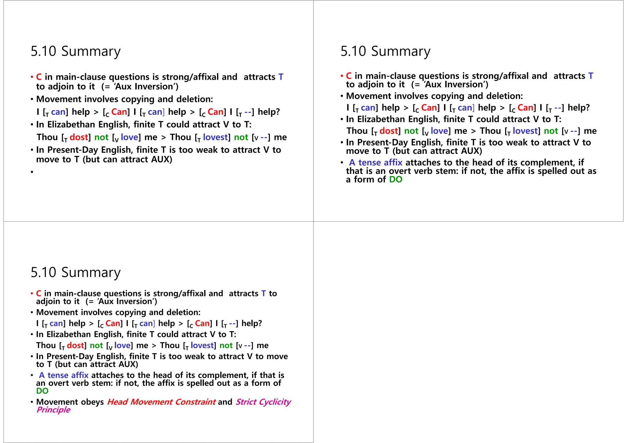 5.10 Summary
• C in main-clause questions is strong/affixal and attracts T
to adjoin to it (= ‘Aux Inversion’)
• Movement involves copying and deletion:
I [T can] help > [C Can] I [T can] help > [C Can] I [T --] help?
• In Elizabethan English, finite T could attract V to T:
Thou [T dost] not [V love] me > Thou [T lovest] not [V --] me
• In Present-Day English, finite T is too weak to attract V to
move to T (but can attract AUX)
•
5.10 Summary
• C in main-clause questions is strong/affixal and attracts T
to adjoin to it (= ‘Aux Inversion’)
• Movement involves copying and deletion:
I [T can] help > [C Can] I [T can] help > [C Can] I [T --] help?
• In Elizabethan English, finite T could attract V to T:
Thou [T dost] not [V love] me > Thou [T lovest] not [V --] me
• In Present-Day English, finite T is too weak to attract V to
move to T (but can attract AUX)
• A tense affix attaches to the head of its complement, if
that is an overt verb stem: if not, the affix is spelled out as
a form of DO
5.10 Summary
• C in main-clause questions is strong/affixal and attracts T to
adjoin to it (= ‘Aux Inversion’)
• Movement involves copying and deletion:
I [T can] help > [C Can] I [T can] help > [C Can] I [T --] help?
• In Elizabethan English, finite T could attract V to T:
Thou [T dost] not [V love] me > Thou [T lovest] not [V --] me
• In Present-Day English, finite T is too weak to attract V to move
to T (but can attract AUX)
• A tense affix attaches to the head of its complement, if that is
an overt verb stem: if not, the affix is spelled out as a form of
DO
• Movement obeys Head Movement Constraint and Strict Cyclicity
Principle
 