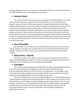 landscape Wayag be missed. From any angle, this looks beautiful island. Plus a random arrangement of
karst lake that looks like velvet really tempting your camera lens.

        Salawati Island
          This is where the location of the discovery of a new species of rainbow fish Salawati. This species
was found by the research team Indonesia and France.rainbow fish or Latin name Melanotaenia
Salawati is spesies to-19 were found through exploration ecoregion biodiversity Bird's Head of Papua.
Salawati rainbow fish found in rivers Doctor, right on the island's west Kornel positions or about 64 miles
west of the city of Sorong, West Papua. Anyway, why is it called the river because of the illusion of
meditation Doctoral villagers whose waters are believed to cure various diseases. Beauty fish because
kulitanya color colorful. Clad in purple on the dorsal row until mauve lilac on the basis of its tail. Close
gills sprinkled with a splash of color and gold leaf green dot spacing. Part abdominal fins to the base end
of the tail fin overtaken scattered light violet-blue dot row. Additionally, dark blue percak is stretched on
her backside. These findings seemed - will return confirm how rich diversity of flora and fauna in Papua
in particular Raja Ampat.

        Bay of Mayalibit
        Bay of Mayalibit is one of the potential in the field of fisheries producing lema fish , ebi shrimp
and sea cucumbers. According to the study there are at least 230 species of fish that live in the Bay of
Mayalibit. Not only rich in fishery resources, but also the potential of the forest are still very awake
mangrove.
        Manta Point, Arborek
         Manta Point is a place where when you dive to see manta rays. stingray in here is the world's
largest with weight 2300 kg and a length of 7, 6 meters. This beast is a giant animal that does not have a
painful sting. So, at the same time you can see flapping wings beautifully
        Sawinggrai
         There are four species Cenderawasih are looked after here, Red cendrawasih(Paradisaea Rubra),
belah rotan cendrawasih (Cicinnurus Magnificus), small cendrawasih (Paradisaea Minor) big
cendrawasih(Paradisaea Apoda). One of the four species, red cendrawasih is icon Sawinggrai village.
The birds live comfortably and safely in this tourist village. Therefore, the main attraction is the tourist
village close look Sawinggrai paradise that is still preserved in their habitat.
         Not only that activity that we can do in the village Sawinggrai, you can also do snorkeling or give
feeding to wild fish around the pier that will instantly grab your food. Anyway, you do not have to worry
about trouble to stay in the village. Community Sawinggrai provide homestay built over the sea around
the docks. Homestay here is very interesting because the interior and exterior design is quite beautiful
combined with the natural beauty of the charming village. Rates homestay ranges from Rp. 500
thousand per-night per-person. That price includes three meals, fish feeding, snorkeling and
birdwatching cendrawasih
 