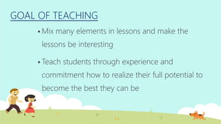  Mix many elements in lessons and make the
lessons be interesting
Teach students through experience and
commitment how to realize their full potential to
become the best they can be
GOAL OF TEACHING