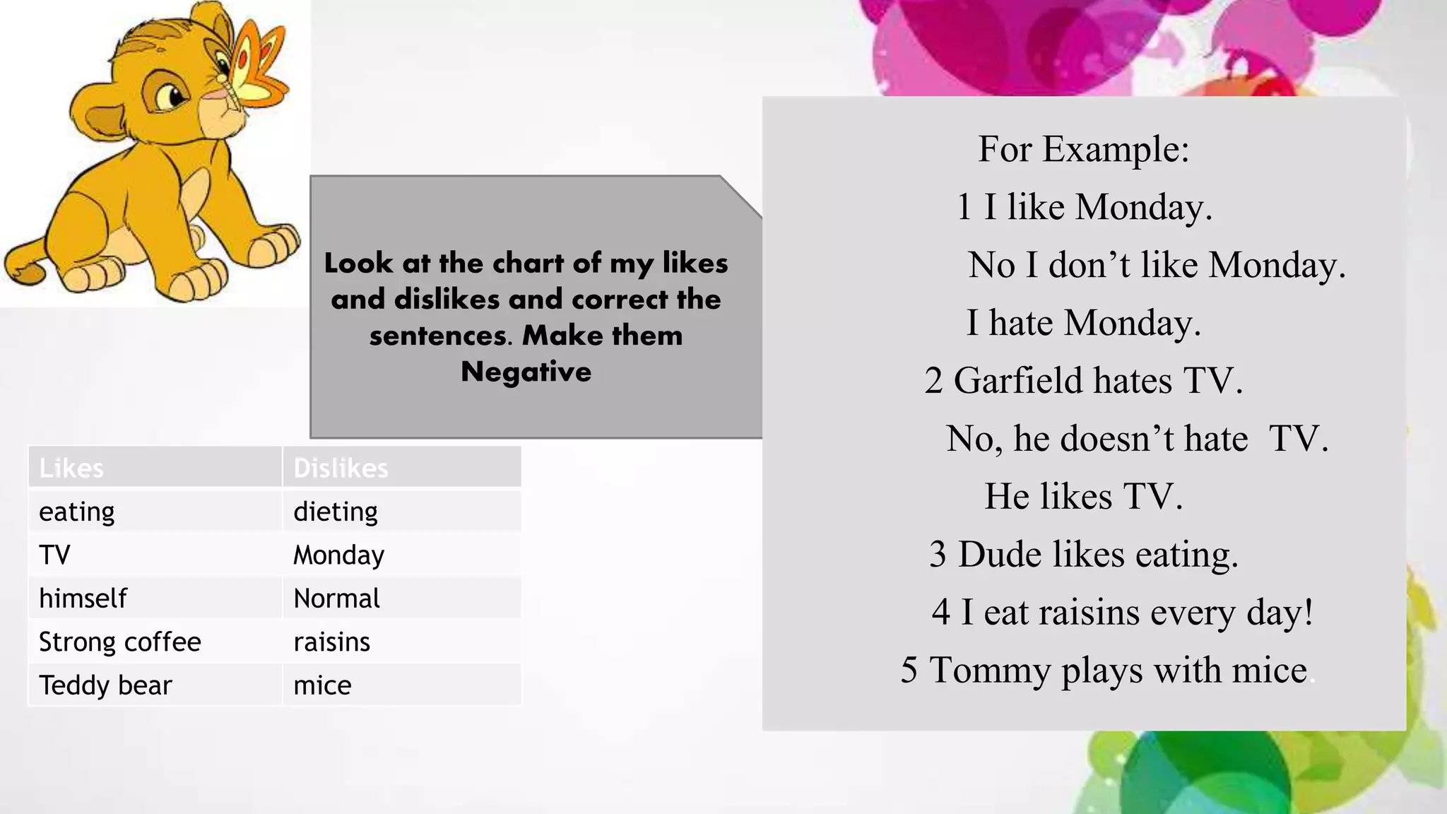 Look at the chart of my likes
and dislikes and correct the
sentences. Make them
Negative
Likes Dislikes
eating dieting
TV Monday
himself Normal
Strong coffee raisins
Teddy bear mice
For Example:
1 I like Monday.
No I don’t like Monday.
I hate Monday.
2 Garfield hates TV.
No, he doesn’t hate TV.
He likes TV.
3 Dude likes eating.
4 I eat raisins every day!
5 Tommy plays with mice.
 