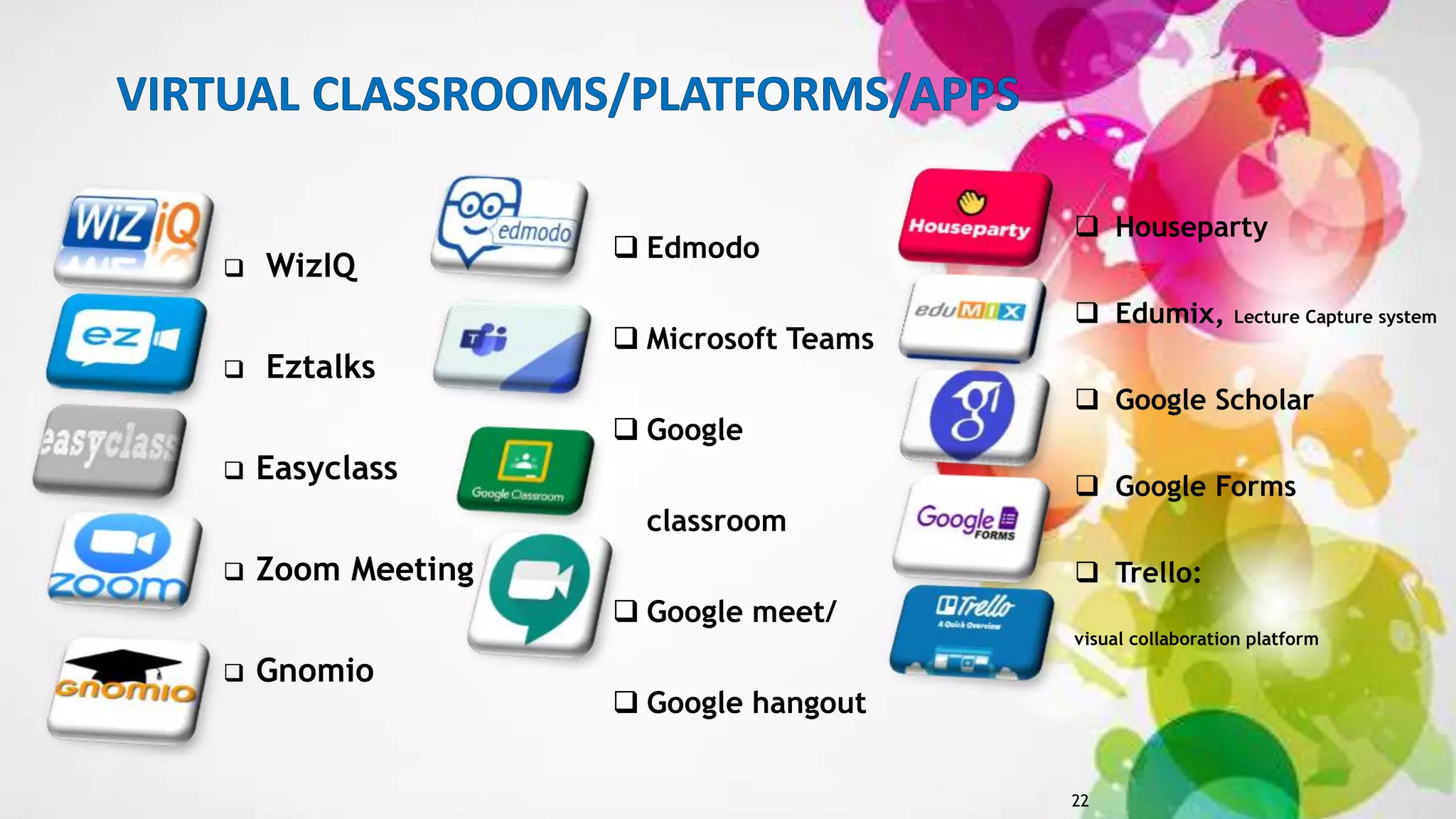  WizIQ
 Eztalks
 Easyclass
 Zoom Meeting
 Gnomio
22
 Houseparty
 Edumix, Lecture Capture system
 Google Scholar
 Google Forms
 Trello:
visual collaboration platform
 Edmodo
 Microsoft Teams
 Google
classroom
 Google meet/
 Google hangout
 