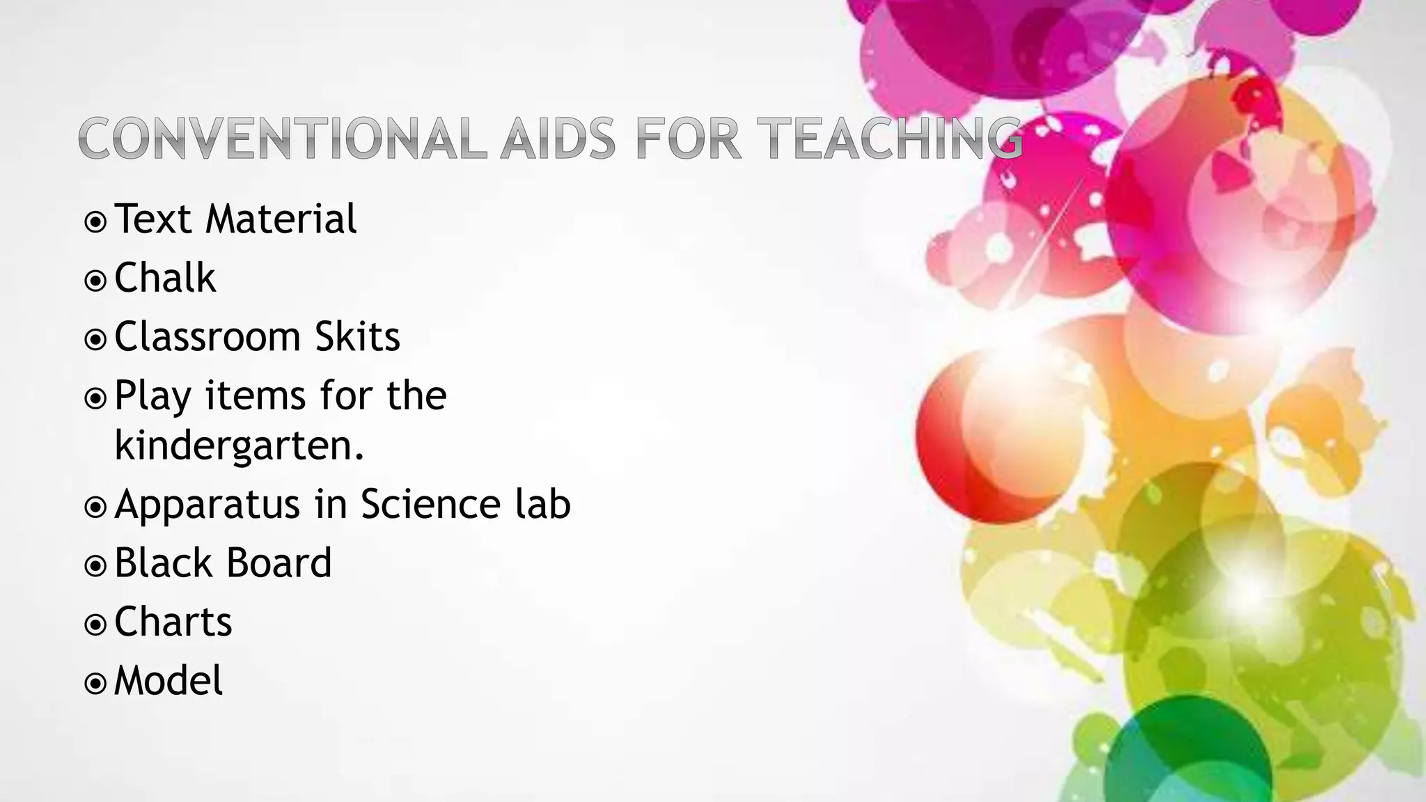  Text Material
 Chalk
 Classroom Skits
 Play items for the
kindergarten.
 Apparatus in Science lab
 Black Board
 Charts
 Model
 