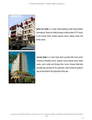  
TAYLOR’S UNIVERSITY | SABD | FNBE | ENGLISH 2 
 
 
 
 
 
 
Swiss Inn Hotel is a 3­star hotel operating under Swiss­Garden               
International. Swiss Inn Hotel provides a total number of 151 rooms                     
to the market which include superior rooms, deluxe rooms and                   
family rooms.  
 
 
 
 
Ancasa Hotel is a 3­star hotel which provides 294 rooms which                   
inclusive of standard rooms, superior rooms, deluxe rooms, family                 
suites, junior suites and Ancasa floor rooms. Ancasa Hotel also                   
provided spa services for its customers, which enhance people to                   
stay at that hotel for the enjoyment of the spa. 
 
 
 
 
   
 
 
 
 
 
 
LAU MAO HUA | WONG QIN KAI | LIM TING LE | LEE JIA KIAM | NABILA | NADHIRAH | NUR AZREEN | CHIN KHANG 
WEI 
15 
 