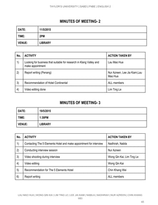  
TAYLOR’S UNIVERSITY | SABD | FNBE | ENGLISH 2 
MINUTES OF MEETING­ 2
DATE: 11/5/2015
TIME: 2PM
VENUE: LIBRARY
No. ACTIVITY ACTION TAKEN BY
1)  Looking for business that suitable for research in Klang Valley and 
make appointment  
Lau Mao Hua 
2)  Report writing (Penang)  Nur Azreen, Lee Jia Kiam,Lau 
Mao Hua 
3)  Recommendation of Hotel Continental  ALL members 
4)  Video editing done   Lim Ting Le 
MINUTES OF MEETING­ 3
DATE: 19/5/2015
TIME: 1:30PM
VENUE: LIBRARY
No. ACTIVITY ACTION TAKEN BY
1)  Contacting The 5 Elements Hotel and make appointment for interview  Nadhirah, Nabila 
2)  Conducting interview session  Nur Azreen 
3)  Video shooting during interview  Wong Qin Kai, Lim Ting Le 
4)  Video editing  Wong Qin Kai 
5)  Recommendation for The 5 Elements Hotel   Chin Khang Wei 
6)  Report writing  ALL members 
LAU MAO HUA | WONG QIN KAI | LIM TING LE | LEE JIA KIAM | NABILA | NADHIRAH | NUR AZREEN | CHIN KHANG 
WEI 
45 
 
