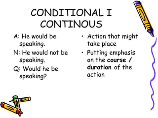 CONDITIONAL I CONTINOUS A: He would be speaking. N: He would not be speaking. Q: Would he be speaking? Action that might take place Putting emphasis on the  course / duration  of the action 