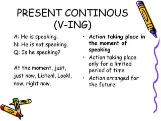 PRESENT CONTINOUS (V-ING) A: He is speaking. N: He is not speaking. Q: Is he speaking? At the moment, just, just now, Listen!, Look!, now, right now. Action taking place in the moment of speaking Action taking place only for a limited period of time Action arranged for the future 