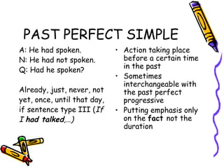 PAST PERFECT SIMPLE A: He had spoken. N: He had not spoken. Q: Had he spoken? Already, just, never, not yet, once, until that day, if sentence type III ( If I  had talked ,…) Action taking place before a certain time in the past Sometimes interchangeable with the past perfect progressive Putting emphasis only on the  fact  not the duration 