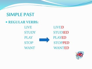 SIMPLE PAST
REGULAR VERBS:
LIVE LIVED
STUDY STUDIED
PLAY PLAYED
STOP STOPPED
WANT WANTED