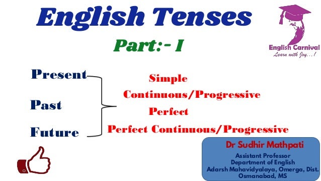 English Tenses
Present
Past
Future
Simple
Continuous/Progressive
Perfect
Perfect Continuous/Progressive
Part:- I
Dr Sudhir...