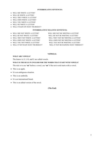 5
INTERROGATIVE SENTENCES:
 WILL SHE WRITE A LETTER?
 WILL HE WRITE A LETTER?
 WILL THEY WRITE A LETTER?
 WILL JOHN WRITE A LETTER?
 WILL YOU WRITE A LETTER?
 WILL WE WRITE A LETTER?
 WILL IT RAIN ON NEXT THURSDAY?
INTERROGATIVE NEGATIVE SENTENCES:
 WILL SHE NOT WRITE A LETTER? WILL SHE NOT BE WRITING A LETTER?
 WILL HE NOT WRITE A LETTER? WILL HE NOT BE WRITING A LETTER?
 WILL THEY NOT WRITE A LETTER? WILL THEY NOT BE WRITING A LETTER?
 WILL JOHN NOT WRITE A LETTER? WILL JOHN NOT BE WRITING A LETTER?
 WILL YOU NOT WRITE A LETTER? WILL YOU NOT BE WRITING A LETTER?
 WILL IT NOT RAIN NEXT THURSDAY? WILL IT NOT BE RAINING NEXT THRSDAY?
VOWELS:
WHAT ARE VOWELS?
The letters A, E, I, O, and U are called vowels.
WHAT IS THE RULE IN ENGLISH FOR THE WORDS THAT START WITH VOWELS?
The rule is to use ‘an’ before a vowel, use ‘an’ if the next word starts with a vowel.
 This is an apple.
 It is an ambiguous situation.
 This is an umbrella.
 It is an international brand.
 This is an edited version of the novel.
(The End)
 