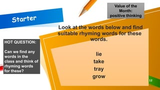 Look at the words below and find
suitable rhyming words for these
words.
lie
take
tray
grow
12
Value of the
Month:
positive thinking
HOT QUESTION:
Can we find any
words in the
class and think of
rhyming words
for these?
 