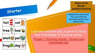 Learners will then play a game to recap
their knowledge of rhyming words.
Phase 1 rhyming words - Group sort
(wordwall.net)
19
Value of the
Month:
positive thinking
(Classroom resource)
Can you find any
rhyming words in our
classroom?
 