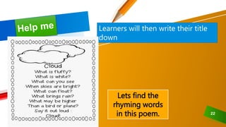 22
Lets find the
rhyming words
in this poem.
Learners will then write their title
down
 