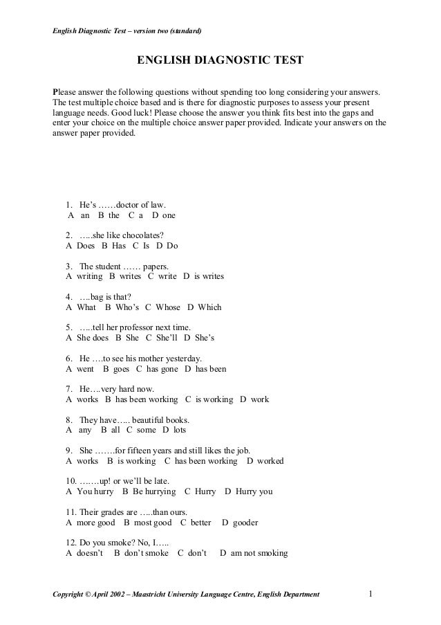 Diagnostic test of english skills answers picture