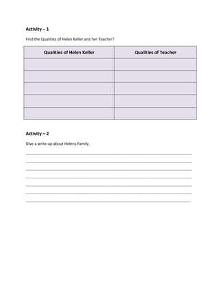 Activity – 1
Find the Qualities of Helen Keller and her Teacher?
Qualities of Helen Keller Qualities of Teacher
Activity – 2
Give a write up about Helens Family.
……………………………………………………………………………………………………………………………………………………
……………………………………………………………………………………………………………………………………………………
……………………………………………………………………………………………………………………………………………………
……………………………………………………………………………………………………………………………………………………
……………………………………………………………………………………………………………………………………………………
……………………………………………………………………………………………………………………………………………………
…………………………………………………………………………………………………………………………………………………..
 