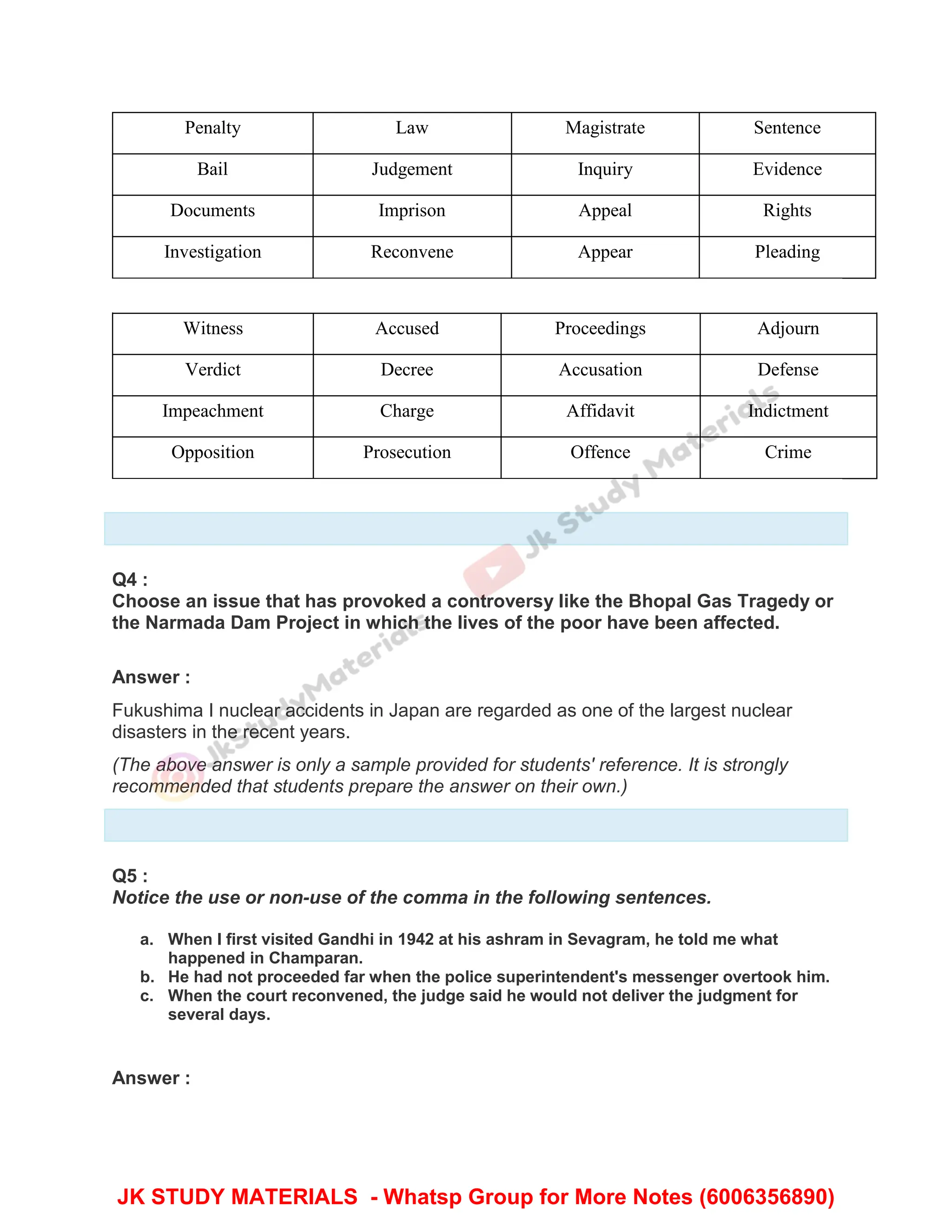 Penalty Law Magistrate Sentence
Bail Judgement Inquiry Evidence
Documents Imprison Appeal Rights
Investigation Reconvene Appear Pleading
Witness Accused Proceedings Adjourn
Verdict Decree Accusation Defense
Impeachment Charge Affidavit Indictment
Opposition Prosecution Offence Crime
Q4 :
Choose an issue that has provoked a controversy like the Bhopal Gas Tragedy or
the Narmada Dam Project in which the lives of the poor have been affected.
Answer :
Fukushima I nuclear accidents in Japan are regarded as one of the largest nuclear
disasters in the recent years.
(The above answer is only a sample provided for students' reference. It is strongly
recommended that students prepare the answer on their own.)
Q5 :
Notice the use or non-use of the comma in the following sentences.
a. When I first visited Gandhi in 1942 at his ashram in Sevagram, he told me what
happened in Champaran.
b. He had not proceeded far when the police superintendent's messenger overtook him.
c. When the court reconvened, the judge said he would not deliver the judgment for
several days.
Answer :
JK STUDY MATERIALS - Whatsp Group for More Notes (6006356890)
 