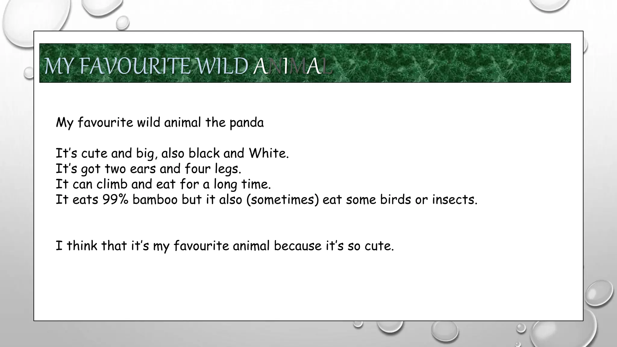 MY FAVOURITE WILD ANIMAL
My favourite wild animal the panda
It’s cute and big, also black and White.
It’s got two ears and four legs.
It can climb and eat for a long time.
It eats 99% bamboo but it also (sometimes) eat some birds or insects.
I think that it’s my favourite animal because it’s so cute.
 