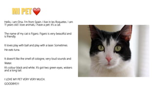 MI PET
Hello, i am Ona. I’m from Spain. I live in les Roquetes. I am
11 years old i love animals, i have a pet: it’s a cat...