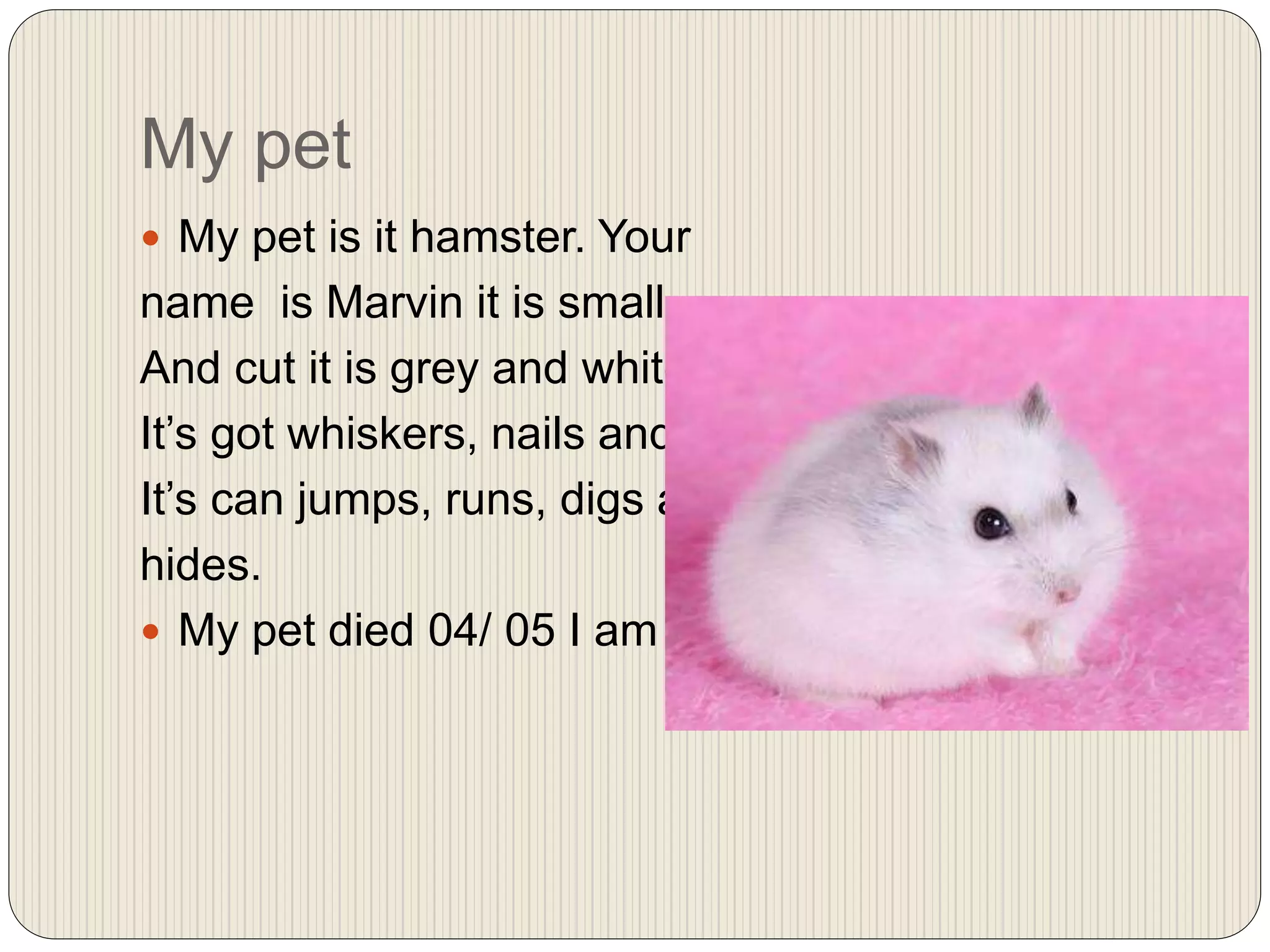 My pet
My pet is it hamster. Your
name is Marvin it is small .
And cut it is grey and white.
It’s got whiskers, nails and fur.
It’s can jumps, runs, digs and
hides.
My pet died 04/ 05 I am sad,