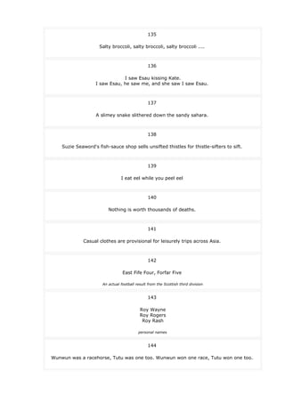 135
Salty broccoli, salty broccoli, salty broccoli ....
136
I saw Esau kissing Kate.
I saw Esau, he saw me, and she saw I saw Esau.
137
A slimey snake slithered down the sandy sahara.
138
Suzie Seaword's fish-sauce shop sells unsifted thistles for thistle-sifters to sift.
139
I eat eel while you peel eel
140
Nothing is worth thousands of deaths.
141
Casual clothes are provisional for leisurely trips across Asia.
142
East Fife Four, Forfar Five
An actual football result from the Scottish third division
143
Roy Wayne
Roy Rogers
Roy Rash
personal names
144
Wunwun was a racehorse, Tutu was one too. Wunwun won one race, Tutu won one too.
 