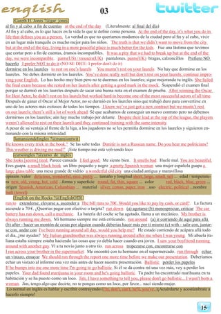 03
15
Gareth H. Jones ?@gar_jones
al fin y al cabo a fin de cuentas at the end of the day (Literalmente: al final del día)
Al fin y al cabo, es lo que haces en la vida lo que te define como persona. At the end of the day, it’s what you do in
life that defines you as a person. La verdad es que no queríamos mudarnos de la ciudad pero al fin y al cabo, vivir
en un lugar más tranquilo es mucho mejor para los niños. The truth is that we didn’t want to move from the city
but at the end of the day, living in a more peaceful place is much better for the kids. Fue una lástima que tuvimos
que cortar pero a fin de cuentas, éramos incompatibles. It was a pity that we had to break up but at the end of the
day, we were incompatible. pants(US) / trousers(UK) pantalones. pants(UK) bragas, calzoncillos Prefiero NO
hacerlo I prefer NOT to do it (NO SE DICE: I prefer don't do it)
dormirse en los laureles to rest on one’s laurels You mustn’t rest on your laurels. No hay que dormirse en los
laureles. No debes dormirte en los laureles. You’ve done really well but don’t rest on your laurels; continue impro-
ving your English. Lo has hecho muy bien pero no te duermas en los laureles; sigue mejorando tu inglés. She failed
the final exam because she rested on her laurels after getting a good mark in the mock. Suspendió el examen final
porque se durmió en los laureles después de sacar una buena nota en el examen de prueba. After winning the Oscar
for Best Actor, he didn’t rest on his laurels but worked hard to become one of the most successful actors of all time.
Después de ganar el Oscar al Mejor Actor, no se durmió en los laureles sino que trabajó duro para convertirse en
uno de los actores más exitosos de todos los tiempos. I know we’ve just got a new contract but we mustn’t rest
on our laurels; there’s still a lot of work ahead. Sé que acabamos de conseguir un nuevo contrato pero no debemos
dormirnos en los laureles; aún hay mucho trabajo por delante. Despite their lead at the top of the league, the players
weren’t allowed to rest on their laurels and they continued training with the same intensity.
A pesar de su ventaja al frente de la liga, a los jugadores no se les permitía dormirse en los laureles y siguieron en-
trenando con la misma intensidad.
lamansiondelingles ?@mansiontwit
He knows every trick in the book." Se las sabe todas Dimitir is not a Russian name. Do you hear me politicians?
This weather is driving me mad!" ¡Este tiempo me está volviendo loco
cursoingles ?@curso_de_ingles
She looks [seems] tired. Parece cansada I feel good. Me siento bien. It smells bad. Huele mal. You are beautiful.
Eres guapa. a small black book un libro pequeño y negro a pretty Spanish woman una mujer española guapa a
large glass table una mesa grande de vidrio a wonderful old city una ciudad antigua y maravillosa
opinión /valor delicious, wonderful, nice, pretty ... tamaño y longitud short, large, small, tall ... edad / temperatu-
ra new, old, young, hot, cold ...forma y superficie round, fat, thin, square ... color 	 red, black, blue, green ...
origen 	Spanish, American, Columbian ... material 	 silver, cotton, paper, iron ...uso electric, political ...nombre 	
bath (towel)
English on the Rocks ?@EnglishOTR
run to extenderse, elevarse a, ascender a The bill runs to 70€. Would you like to pay by cash, or card?. La factura
asciende a 70 €. ¿Querrías pagar con efectivo o tarjeta? run down (a) agotarse (b) menospreciar, criticar The car
battery has run down, call a mechanic. La batería del coche se ha agotado, llama a un mecánico. My brother is
always running me down. Mi hermano siempre me está criticando. run around (a) ir corriendo de aquí para allá
(b) after - hacer un montón de cosas por alguien cuando deberías hacer más por tí mismo (c) with - salir con, juntar-
se con, andar con I've been running around all day, would you help me? He estado corriendo de acápara allá todo
el día, ¿me ayudas? My Italian grandmother was always running around after me when I was young. Mi abuela ita-
liana estaba siempre estaba haciendo las cosas que yo debía hacer cuando era joven. I saw your boyfriend running
around with another guy. Vi a tu novio junto a otro tío. run across tropezarse con, encontrarse con
I ran across your brother in the supermarket. Me encontré con tu hermano en el supermercado. run through echar
un vistazo, ensayar We should run through the report one more time before we make our presentation. Deberíamos
echar un vistazo al informe ona vez más antes de hacer nuestra presentación. Ballistic perder los papeles
If he bumps into me one more time I'm going to go ballistic. Si él se da contra mí una vez más, voy a perder los
papeles. Your dad found marijuana in your room and he's going ballistic. Tu padre ha encontrado marihuana en tu
habitación y se ha puesto como un loco. Jim, I have something to tell you, please don't go ballistic... I wasn't born a
woman. Jim, tengo algo que decirte, no te pongas como un loco, por favor... nací siendo mujer.
Lo normal en inglés es hablar y escribir contrayendo (I'm, don't, can't, he'll, you've..)¡Acuérdarte y acostúmbrate a
hacerlo siempre!
 