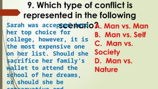 9. Which type of conflict is
represented in the following
scenario?
Sarah was accepted into
her top choice for
college, however, it is
the most expensive one
on her list. Should she
sacrifice her family’s
wallet to attend the
school of her dreams,
or should she be
A. Man vs. Man
B. Man vs. Self
C. Man vs.
Society
D. Man vs.
Nature
 