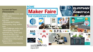 Successi delTeam
d’Innovazione:
-MakerFaireRomeEd.2016
andEd.2017
-OlimpiadidiRobotica2016
and2017
-OlimpiadidelProblem
Solving2014,2015,2016e
2017
-NaoChallenge2016e2017
-WorldSkillsregionalie
nazionali2015,2016e2017
-PremioAncalau2017
-SelezioneInnovaCRT2016
-CertificazioniInformatiche
EipasseAICA
-PatentinoComauRobotics
 