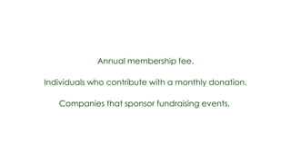 Annual membership fee.

Individuals who contribute with a monthly donation.

   Companies that sponsor fundraising events.
 