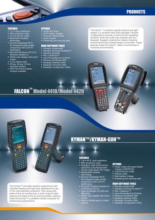 prODUCts


FeatUres                            OptiOns
>   1.5 m drop resistance           >   Single Slot Dock                             The Falcon™ combines superb balance and light
>   IP54 protection class           >   Multi-battery charger                        weight in a versatile hand held package. Flexible
>   1D and 2D bar codes             >   Powered Vehicle Dock                         configurations provide a choice of two operating
>   Bluetooth® wireless             >   Serial Adapter                               systems, three bar code scan engines and four
    technology                      >   Protecting and carrying case                 keypads. Rugged construction resists industrial
>   Summit embedded Wi-Fi                                                            environments and multiple drops to concrete. These
    for enterprise-class mobile     Main sOFtWare tOOLs                              features make the Falcon™ ideal in commercial or
    connectivity with CCX V4        >   Wavelink Avalanche®                          industrial environments.
    certification                   >   Wavelink Terminal Emulation™
>   Microsoft Windows CE 5.0 or     >   Wavelink Studio®
    Windows Mobile 5.0              >   MCL-Collection™
>   QVGA color display with touch   >   Java Virtual Machine (Créme)
    screen                          >   Windows CE/Mobile SDK
>   Li-Ion battery pack             >   Datalogic Desktop Utility
>   26-key, 48-key, 52-key          >   Datalogic Firmware Utility
    keyboard options                >   Datalogic Configuration Utility
>   5250 Terminal Emulation
    overlays available




        FaLCOn™ Model 4410/Model 4420




                                                                       KYMan™/KYMan-GUn™


                                                                          FeatUres
                                                                          > 1.8 m (6 ft) drop resistance
                                                                          > IP64 protection class
                                                                          > Standard, High Performance       OptiOns
                                                                            and Extra Long Range laser       > Single cradle with spare battery
                                                                            1D bar code reader, 2D imager      charger (USB/RS232)
                                                                          > Bluetooth® wireless              > 4 slot Ethernet cradle
                                                                            technology                       > Vehicle cradle
                                                                          > Summit embedded Wi-Fi            > Multi-battery charger
                                                                            for enterprise-class mobile      > Protecting and carrying case
                                                                            connectivity with CCX V4
                                                                            certification                    Main sOFtWare tOOLs
    The Kyman™ provides superior ergonomics with                          > Microsoft Windows Mobile 6.0     >   Wavelink Avalanche®
    industrial sealing and high drop resistance for use                     or Windows CE 5.0                >   Wavelink Terminal Emulation™
    in the most adverse conditions. This, along with                      > User-accessible mini-SD and      >   MCL-Collection™
    state-of-the-art architecture, a wide range of data                     SIM slots                        >   Java Virtual Machine (Créme)
    capture and state of the art communication options,                   > QVGA color display with touch    >   Windows CE/Mobile SDK
    make the Kyman™ a versatile mobile computer for                         screen                           >   Datalogic Desktop Utility
    warehousing applications.                                             > Add-on handle easy to install/   >   Datalogic Firmware Utility
                                                                            remove                           >   Datalogic Configuration Utility
 