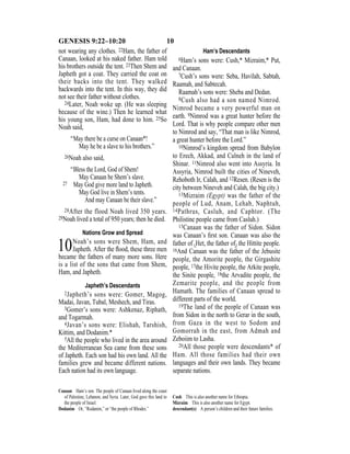 10GENESIS 9:22–10:20
not wearing any clothes. 22Ham, the father of
Canaan, looked at his naked father. Ham told
his brothers outside the tent. 23Then Shem and
Japheth got a coat. They carried the coat on
their backs into the tent. They walked
backwards into the tent. In this way, they did
not see their father without clothes.
24Later, Noah woke up. (He was sleeping
because of the wine.) Then he learned what
his young son, Ham, had done to him. 25So
Noah said,
“May there be a curse on Canaan*!
May he be a slave to his brothers.”
26Noah also said,
“Bless the Lord, God of Shem!
May Canaan be Shem’s slave.
27 May God give more land to Japheth.
May God live in Shem’s tents.
And may Canaan be their slave.”
28After the flood Noah lived 350 years.
29Noah lived a total of 950 years; then he died.
Nations Grow and Spread
10Noah’s sons were Shem, Ham, and
Japheth. After the ﬂood, these three men
became the fathers of many more sons. Here
is a list of the sons that came from Shem,
Ham, and Japheth.
Japheth’s Descendants
2Japheth’s sons were: Gomer, Magog,
Madai, Javan, Tubal, Meshech, and Tiras.
3Gomer’s sons were: Ashkenaz, Riphath,
and Togarmah.
4Javan’s sons were: Elishah, Tarshish,
Kittim, and Dodanim.*
5All the people who lived in the area around
the Mediterranean Sea came from these sons
of Japheth. Each son had his own land. All the
families grew and became different nations.
Each nation had its own language.
Ham’s Descendants
6Ham’s sons were: Cush,* Mizraim,* Put,
and Canaan.
7Cush’s sons were: Seba, Havilah, Sabtah,
Raamah, and Sabtecah.
Raamah’s sons were: Sheba and Dedan.
8Cush also had a son named Nimrod.
Nimrod became a very powerful man on
earth. 9Nimrod was a great hunter before the
Lord. That is why people compare other men
to Nimrod and say, “That man is like Nimrod,
a great hunter before the Lord.”
10Nimrod’s kingdom spread from Babylon
to Erech, Akkad, and Calneh in the land of
Shinar. 11Nimrod also went into Assyria. In
Assyria, Nimrod built the cities of Nineveh,
Rehoboth Ir, Calah, and 12Resen. (Resen is the
city between Nineveh and Calah, the big city.)
13Mizraim (Egypt) was the father of the
people of Lud, Anam, Lehab, Naphtuh,
14Pathrus, Casluh, and Caphtor. (The
Philistine people came from Casluh.)
15Canaan was the father of Sidon. Sidon
was Canaan’s ﬁrst son. Canaan was also the
father of {Het, the father of} the Hittite people.
16And Canaan was the father of the Jebusite
people, the Amorite people, the Girgashite
people, 17the Hivite people, the Arkite people,
the Sinite people, 18the Arvadite people, the
Zemarite people, and the people from
Hamath. The families of Canaan spread to
different parts of the world.
19The land of the people of Canaan was
from Sidon in the north to Gerar in the south,
from Gaza in the west to Sodom and
Gomorrah in the east, from Admah and
Zeboiim to Lasha.
20All those people were descendants* of
Ham. All those families had their own
languages and their own lands. They became
separate nations.
Canaan Ham’s son. The people of Canaan lived along the coast
of Palestine, Lebanon, and Syria. Later, God gave this land to
the people of Israel.
Dodanim Or, “Rodanim,” or “the people of Rhodes.”
Cush This is also another name for Ethiopia.
Mizraim This is also another name for Egypt.
descendant(s) A person’s children and their future families.
 