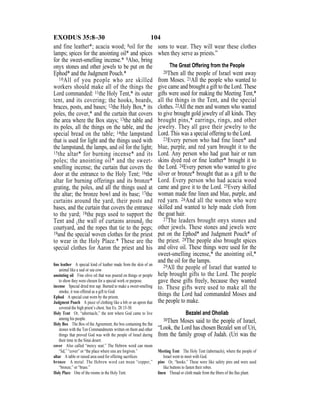 104EXODUS 35:8–30
and fine leather*; acacia wood; 8oil for the
lamps; spices for the anointing oil* and spices
for the sweet-smelling incense.* 9Also, bring
onyx stones and other jewels to be put on the
Ephod* and the Judgment Pouch.*
10All of you people who are skilled
workers should make all of the things the
Lord commanded: 11the Holy Tent,* its outer
tent, and its covering; the hooks, boards,
braces, posts, and bases; 12the Holy Box,* its
poles, the cover,* and the curtain that covers
the area where the Box stays; 13the table and
its poles, all the things on the table, and the
special bread on the table; 14the lampstand
that is used for light and the things used with
the lampstand, the lamps, and oil for the light;
15the altar* for burning incense* and its
poles; the anointing oil* and the sweet-
smelling incense; the curtain that covers the
door at the entrance to the Holy Tent; 16the
altar for burning offerings and its bronze*
grating, the poles, and all the things used at
the altar; the bronze bowl and its base; 17the
curtains around the yard, their posts and
bases, and the curtain that covers the entrance
to the yard; 18the pegs used to support the
Tent and {the wall of curtains around} the
courtyard, and the ropes that tie to the pegs;
19and the special woven clothes for the priest
to wear in the Holy Place.* These are the
special clothes for Aaron the priest and his
sons to wear. They will wear these clothes
when they serve as priests.”
The Great Offering from the People
20Then all the people of Israel went away
from Moses. 21All the people who wanted to
give came and brought a gift to the Lord. These
gifts were used for making the Meeting Tent,*
all the things in the Tent, and the special
clothes. 22All the men and women who wanted
to give brought gold jewelry of all kinds. They
brought pins,* earrings, rings, and other
jewelry. They all gave their jewelry to the
Lord. This was a special offering to the Lord.
23Every person who had fine linen* and
blue, purple, and red yarn brought it to the
Lord. Any person who had goat hair or ram
skins dyed red or ﬁne leather* brought it to
the Lord. 24Every person who wanted to give
silver or bronze* brought that as a gift to the
Lord. Every person who had acacia wood
came and gave it to the Lord. 25Every skilled
woman made ﬁne linen and blue, purple, and
red yarn. 26And all the women who were
skilled and wanted to help made cloth from
the goat hair.
27The leaders brought onyx stones and
other jewels. These stones and jewels were
put on the Ephod* and Judgment Pouch* of
the priest. 28The people also brought spices
and olive oil. These things were used for the
sweet-smelling incense,* the anointing oil,*
and the oil for the lamps.
29All the people of Israel that wanted to
help brought gifts to the Lord. The people
gave these gifts freely, because they wanted
to. These gifts were used to make all the
things the Lord had commanded Moses and
the people to make.
Bezalel and Oholiab
30Then Moses said to the people of Israel,
“Look, the Lord has chosen Bezalel son of Uri,
from the family group of Judah. (Uri was the
ﬁne leather A special kind of leather made from the skin of an
animal like a seal or sea cow.
anointing oil Fine olive oil that was poured on things or people
to show they were chosen for a special work or purpose.
incense Special dried tree sap. Burned to make a sweet-smelling
smoke, it was offered as a gift to God.
Ephod A special coat worn by the priests.
Judgment Pouch A piece of clothing like a bib or an apron that
covered the high priest’s chest. See Ex. 28:15-30.
Holy Tent Or, “tabernacle,” the tent where God came to live
among his people.
Holy Box The Box of the Agreement, the box containing the ﬂat
stones with the Ten Commandments written on them and other
things that proved God was with the people of Israel during
their time in the Sinai desert.
cover Also called “mercy seat.” The Hebrew word can mean
“lid,” “cover” or “the place where sins are forgiven.”
altar A table or raised area used for offering sacriﬁces.
bronze A metal. The Hebrew word can mean “copper,”
“bronze,” or “brass.”
Holy Place One of the rooms in the Holy Tent.
Meeting Tent The Holy Tent (tabernacle), where the people of
Israel went to meet with God.
pins Or, “hooks.” These were like safety pins and were used
like buttons to fasten their robes.
linen Thread or cloth made from the ﬁbers of the ﬂax plant.
 