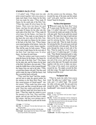 106EXODUS 36:22–37:12
1 1/2 cubits* wide. 22There were two side
poles joined together with cross pieces to
make each frame. Every frame for the Holy
Tent was made the same. 23They made 20
frames for the south side of the Holy Tent.
24Then they made 40 silver bases for the
frames. There were two bases for each
frame—one base for each side pole. 25They
also made 20 frames for the other side (the
north side) of the Holy Tent. 26They made 40
silver bases for the frames—two bases for
each frame. 27They made six more frames for
the back (the west side) of the Holy Tent.
28They also made two frames for the corners
at the back of the Holy Tent. 29These frames
were joined together at the bottom. And at the
top a ring held the corner frames together.
They did the same for both corners. 30There
was a total of eight frames for the west side of
the Holy Tent. And there were 16 silver
bases—two bases for each frame.
31Then the workers used Acacia wood to
make the braces for the frames—ﬁve braces for
the first side of the Holy Tent,* 32ﬁve braces
for the other side, and five braces for the back
of the Holy Tent (that is, the west side). 33They
made the middle brace so that it passed through
the frames from one end to the other. 34They
covered these frames with gold. Then they used
gold to make the rings to hold the braces. And
they covered the braces with gold.
35They used fine linen* and blue, purple,
and red yarn to make the special curtain {for
the entrance to the Most Holy Place}. And
they sewed pictures of Cherub angels* into
the curtain. 36They made four posts using
acacia wood, and they covered the posts with
gold. Then they made gold hooks for the
posts. And they made four silver bases for the
posts. 37Then they made the curtain to cover
the entrance to the Tent. They used blue,
purple, and red yarn and fine linen to make
this curtain. And they wove pictures into it.
38Then they made the ﬁve posts and the hooks
{for this curtain over the entrance}. They
covered the tops of the posts and the curtain
rods* with gold. And they made the five
bronze* bases for the posts.
The Box of the Agreement
37Bezalel made the Holy Box* from
acacia wood. The Box was 2 1/2 cubits*
long, 1 1/2 cubits* wide, and 1 1/2 cubits high.
2He covered the inside and outside of the Box
with pure gold. Then he put gold trim around
the Box. 3He made four rings of gold and put
them on the four corners. These rings were
used for carrying the Box. There were two
rings on each side. 4Then he made the poles
for carrying the Box. He used acacia wood and
covered the poles with pure gold. 5He put the
poles through the rings on each side of the
Box. 6Then he made the cover* from pure
gold. It was 2 1/2 cubits long and 1 1/2 cubits
wide. 7Then Bezalel hammered gold to make
two Cherub angels. He put the Cherub angels*
on each end of the cover. 8He put one angel on
one end of the cover, and he put the other
angel on the other end. The angels were joined
together with the cover to make one piece.
9The wings of the angels were spread up
toward the sky. The angels covered the Box
with their wings. The angels faced each other,
looking toward the cover.
The Special Table
10Then he made the table from acacia
wood. The table was 2 cubits* long, 1 cubit*
wide, and 1 1/2 cubits* high. 11He covered
the table with pure gold. He put gold trim
around the table. 12Then he made a frame 1
handbreadth* wide around the table. He put
1 1/2 cubits 2’ 7” (78.75cm).
Holy Tent Or, “tabernacle,” the tent where God came to live
among his people.
linen Thread or cloth made from the ﬁbers of the ﬂax plant.
Cherub angels Special angels from God. Statues of these angels
were on top of the Box of the Agreement.
curtain rods Or, “fasteners.”
bronze A metal. The Hebrew word can mean “copper,”
“bronze,” or “brass.”
Holy Box The Box of the Agreement—the box containing the
ﬂat stones with the Ten Commandments written on them and
other things that proved God was with the people of Israel
during their time in the Sinai desert.
2 1/2 cubits 4’ 3 5/8” (131.25cm).
cover Also called, “mercy seat.” The Hebrew word can mean
“lid,” “cover” or “the place where sins are forgiven.”
2 cubits 3’ 5 5/16” (105cm).
1 cubit 1’ 8 5/8” (52.5cm).
1 handbreadth The width of 4 ﬁngers, about 3” (7.7cm).
 