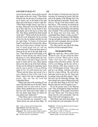 122LEVITICUS 8:23–9:7
sons to become priests. Aaron and his sons put
their hands on the ram’s head. 23Then Moses
killed the ram. He put some of its blood on the
tip of Aaron’s ear, on the thumb of his right
hand, and on the big toe of Aaron’s right foot.
24Then Moses brought Aaron’s sons close {to
the altar}. Moses put some of the blood on the
tip of their right ears, on the thumb of their
right hands, and on the big toe of their right
feet. Then Moses sprinkled the blood around
on the altar.* 25Moses took the fat, the fat tail,
all the fat on the inside parts, the fat covering
of the liver, the two kidneys and their fat, and
the right thigh. 26A basket of unleavened
bread* is put before the Lord each day. Moses
took one of those loaves of bread, and one
loaf of bread mixed with oil, and one
unleavened wafer.* Moses put those pieces of
bread on the fat and on the right thigh of the
ram. 27Then Moses put all {those things} in the
hands of Aaron and his sons. Moses waved
the pieces as a wave offering before the Lord.
28Then Moses took these things from the
hands of Aaron and his sons. Moses burned
them on the altar on top of the burnt offering.
So that was the offering for appointing Aaron
and his sons as priests. It was an offering
made by fire. Its smell pleased the Lord.
29Moses took the breast, and waved it for a
wave offering in front of the Lord. It was
Moses’ share of the ram for appointing the
priests. This was like the Lord had
commanded Moses.
30Moses took some of the anointing oil* and
some of the blood that was on the altar.* Moses
sprinkled some on Aaron and on Aaron’s
clothes. Moses sprinkled some on Aaron’s sons
that were with Aaron and on their clothes. In
this way, Moses made Aaron, his clothes, his
sons, and his sons’ clothes holy.*
31Then Moses said to Aaron and his sons,
“{Do you remember my command?} I said,
‘Aaron and his sons must eat these things.’ So
take the basket of bread and meat from the
ceremony for choosing the priests. Boil that
meat at the entrance of the Meeting Tent.* Eat
the meat and bread at that place. Do this like I
told you. 32If any of the meat or bread is left,
then burn it. 33The ceremony for choosing the
priests will last for seven days. You must not
leave the entrance of the Meeting Tent until that
time is ﬁnished. 34The Lord has commanded to
do the things that were done today. He
commanded these things to make you pure.*
35You must stay at the entrance of the Meeting
Tent day and night for seven days. If you don’t
obey the Lord’s commands, then you will die!
The Lord gave me those commands.”
36So Aaron and his sons did all the things
that the Lord had commanded Moses.
God Accepts the Priests
9On the eighth day, Moses called Aaron
and his sons. He also called the elders
(leaders) of Israel. 2Moses said to Aaron,
“Take a bull and a ram. There must be
nothing wrong with those animals. The bull
will be a sin offering, and the ram will be a
burnt offering. Offer those animals to the
Lord. 3Tell the people of Israel, ‘Take a male
goat for a sin offering. And take a calf and a
lamb for a burnt offering. The calf and the
lamb must each be one year old. There must
be nothing wrong with those animals. 4Take a
bull and a ram for fellowship offerings. Take
those animals and a grain offering mixed with
oil, and offer those things to the Lord. Why?
Because today the Lord will appear to you.’”
5So all the people came to the Meeting
Tent.* They all brought the things that Moses
had commanded. All the people stood before
the Lord. 6Moses said, “You must do those
things that the Lord commanded. Then the
Glory of the Lord* will appear to you.”
7Then Moses told Aaron these things: “Go
do the things the Lord commanded. Go to the
altar A table or raised area used for offering sacriﬁces.
unleavened bread Bread made without yeast.
wafer A thin bread, like crackers, made without yeast.
anointing oil Olive oil that was poured on things or people to
show that they were chosen for a special work or purpose.
holy Set aside or chosen for a special purpose.
Meeting Tent The Holy Tent (tabernacle) where the people of
Israel came to meet with God.
make … pure Or, “make atonement.” The Hebrew word
means “to cover,” “to hide,” or “to erase sins.”
Glory of the Lord One of the forms God used when he
appeared to people. It was like a bright, shining light.
 